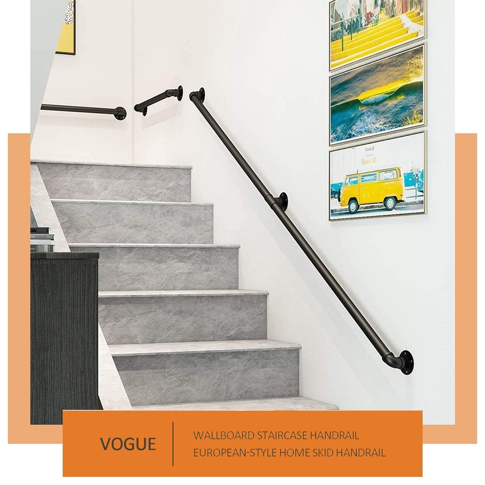 CMBSSTFC Kit de Soporte para barandilla Barra de Apoyo montada en la Pared Hierro Forjado Negro para Uso en Interiores y Exteriores Varios tamaños: 100 cm a 3,6 m