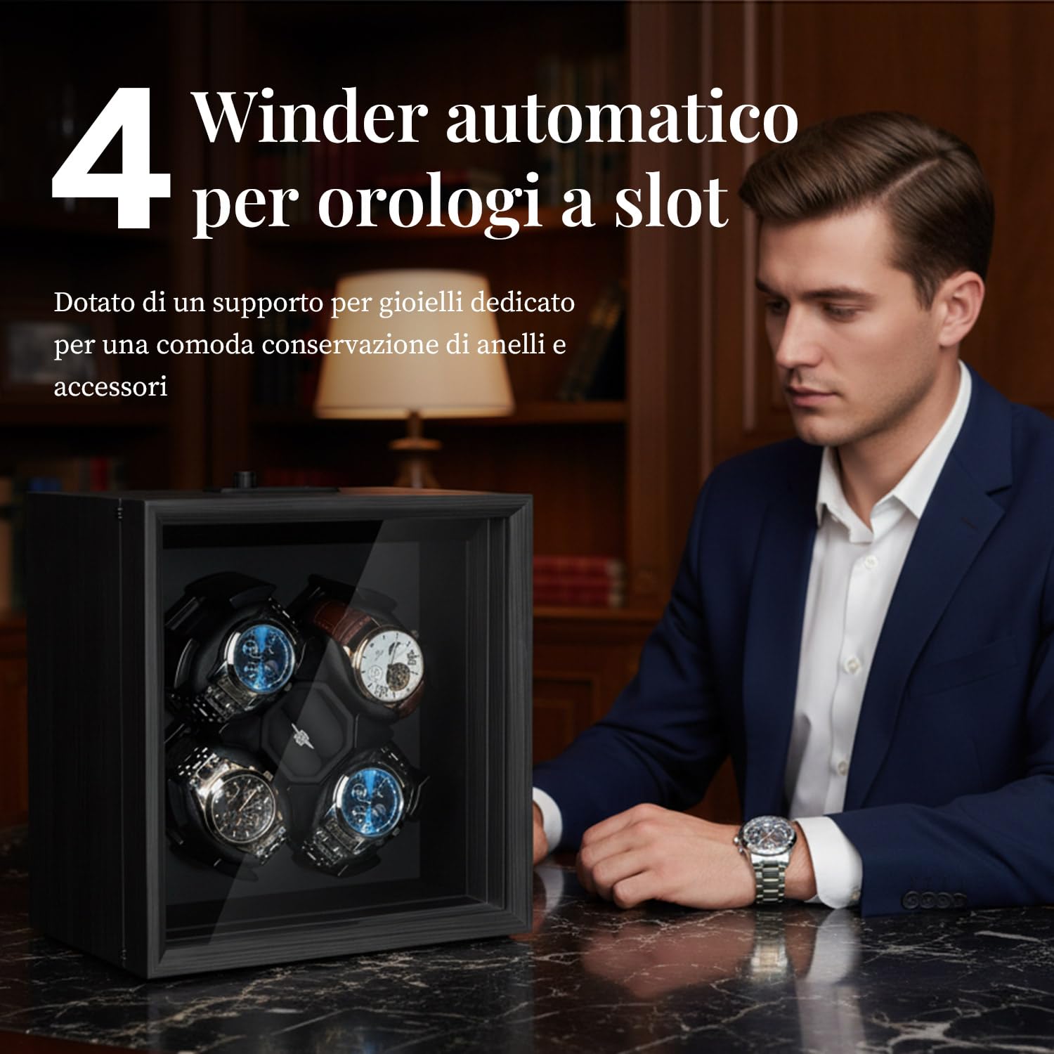 Mcbazel Motore Automatico per Avvolgitori di Orologi per Quattro Orologi, Funzionamento Silenzioso Automático con Motore Silenzioso, Soluzione Professionale per la Cura degli Motivo Ebano-Nero