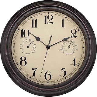 Lumuasky Large Temperature Wall Clock, Battery Operated 12 inch Decorative Walls Non Ticking Silent Outdoor Indoor Vintage Humidity Thermometer Quartz Analog Waterproof Weather Clocks