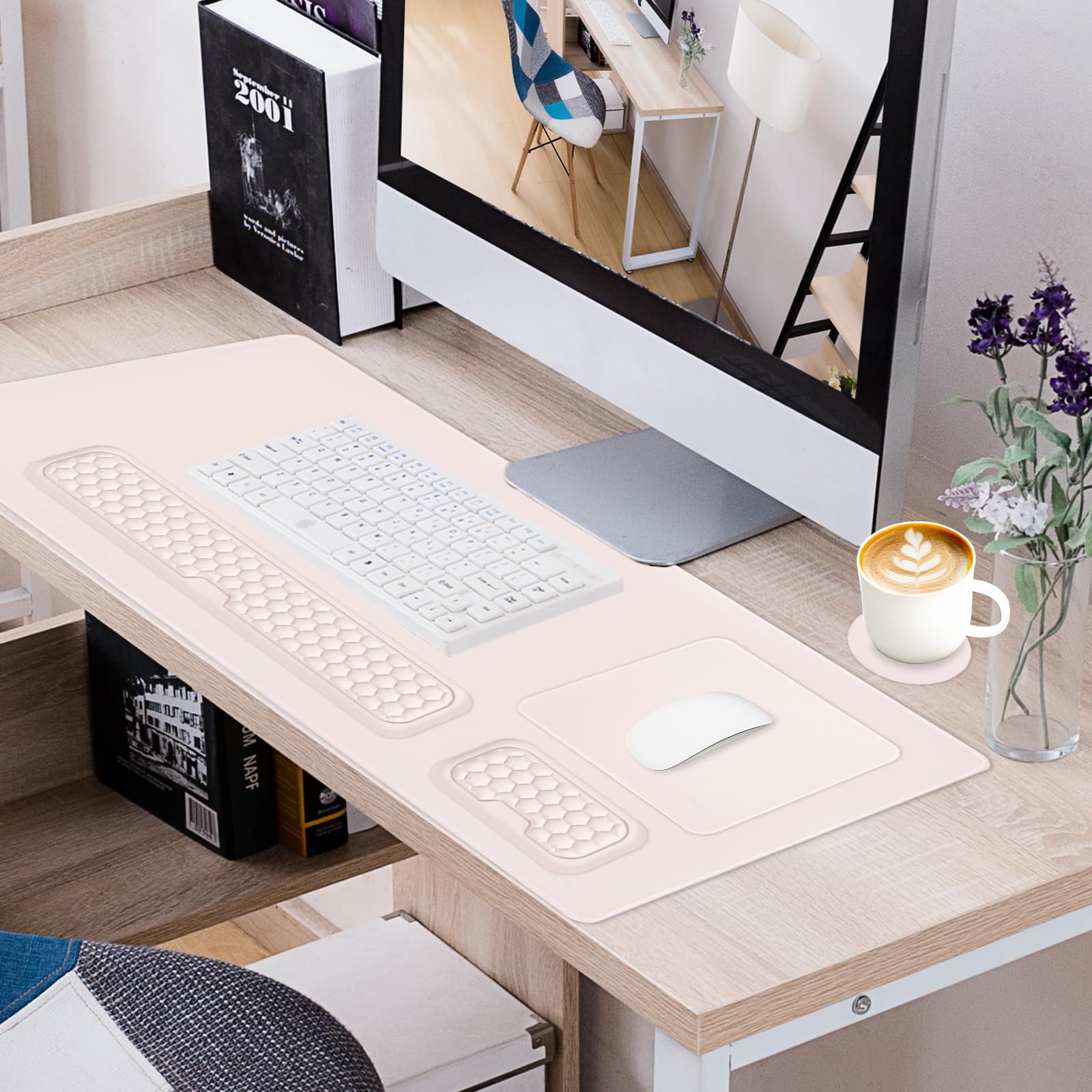 MOSISO Grande Tappetino Mouse Gioco&Poggiapolsi Tastiera Massage&Tappetino Mouse&Coaster,Set Cuscinetti Ergonomici Antiscivolo e Cuscino Typing Facile con Memory Foam L'Ufficio Domestico,Albicocca