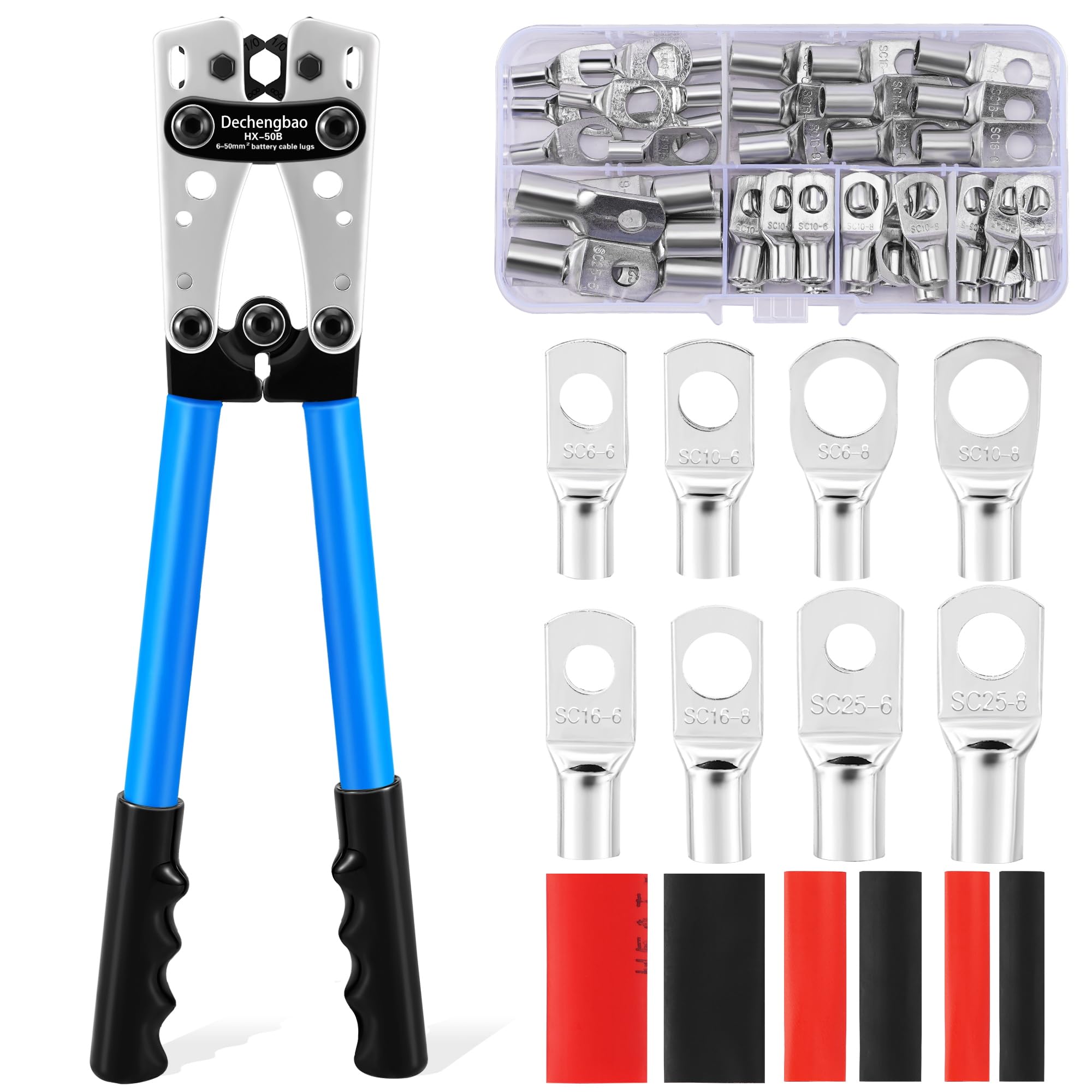 HX-50B Battery Cable Lug Crimping Tools Hand Electrician Pliers for Crimping Wire Cable from 6-50mm²(AWG 8-1/0) with Thickened and Reinforced the Metal Plate (HX50B Crmper +60PCSTerminals)