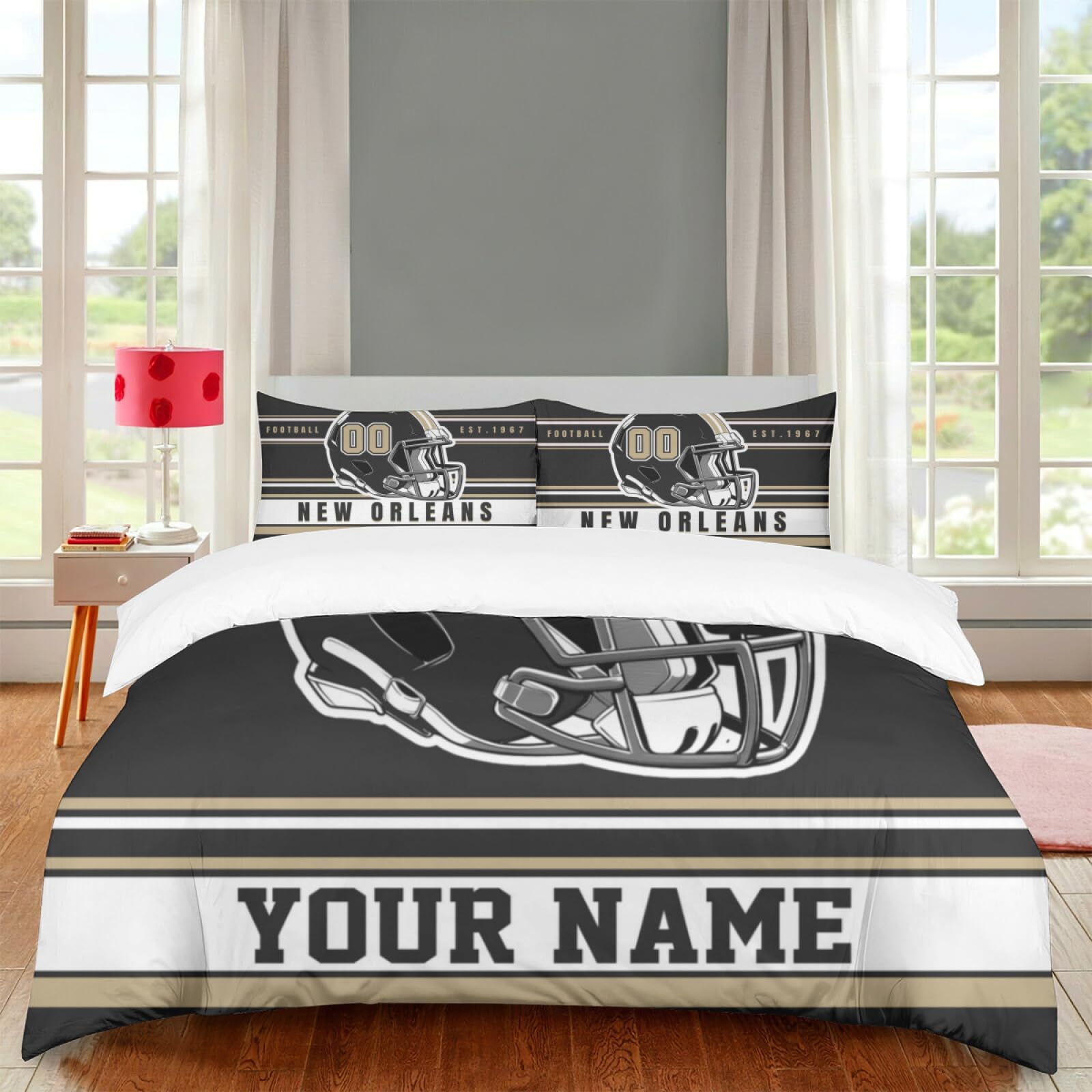 Custom Football Comforter Set with Name Number, Personalized New Orleans Bedding Comforter Cover with 2 Pillowcase, Customized Sports Themed Comforter Cover Gift for Football Fans Bedroom Decor