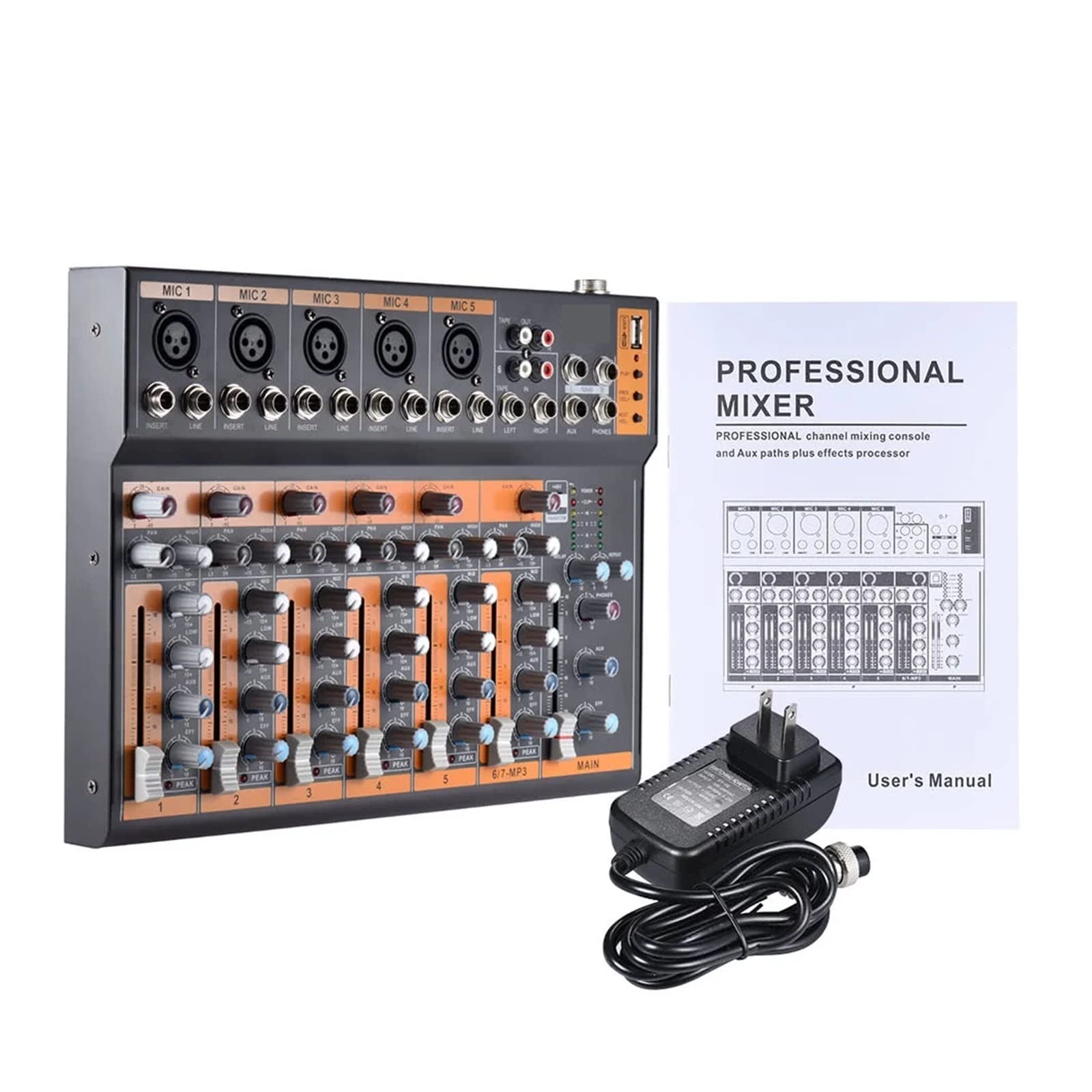 Mikser audio, przenośny 7-kanałowy mikser liniowy z mikrofonem Konsola miksująca 3-pasmowy interfejs USB Zasilanie fantomowe 48 V z zasilaczem Mikser DJ