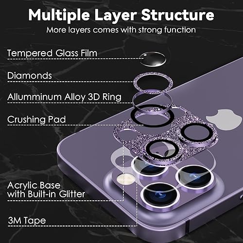 Miniatura 8 de CloudValley Protector de lente de cámara con purpurina para iPhone 14 ProiPhone 14 Pro Max, vidrio templado 9H diseño todo en 1, compatible con