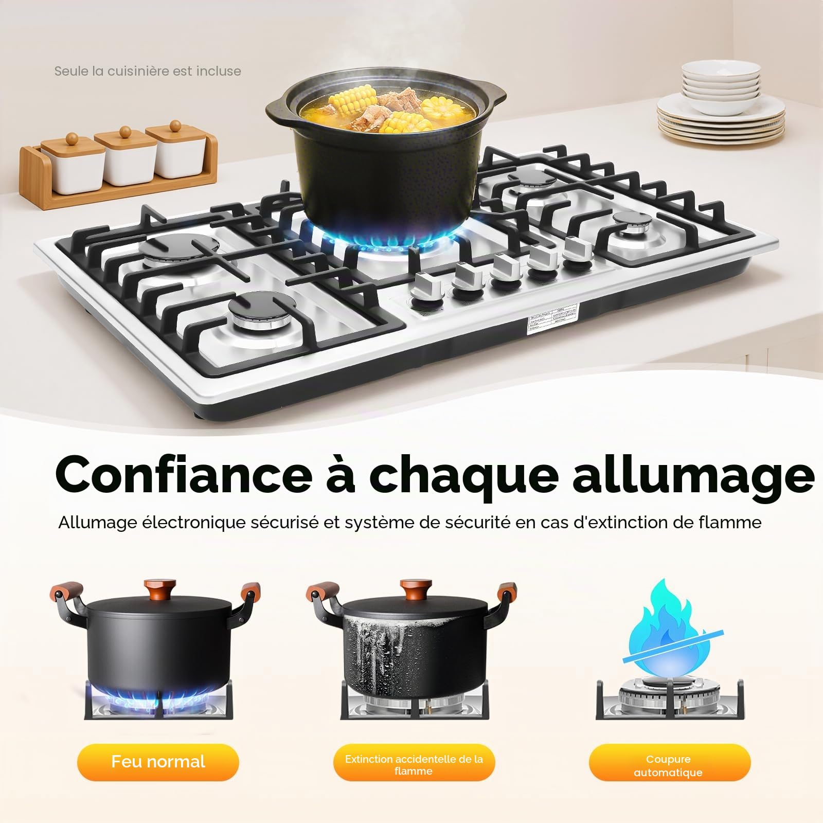 Table Cuisson Gaz 5 Feux, Plaque Encastrable, Cuisinière Professionnelle, Acier Inoxydable, Protection Sécurité Flamme, Contrôle Indépendant, Pour Restaurant Maison Hôtel