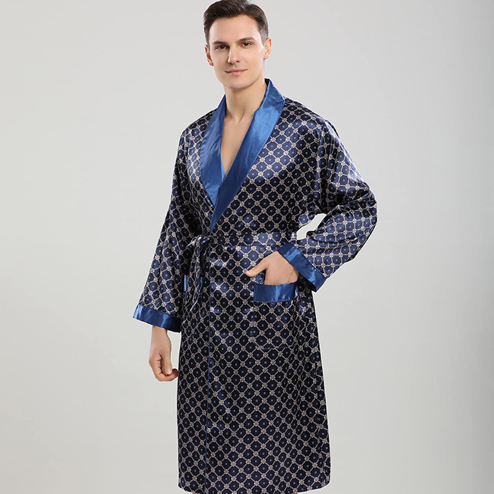 Traje de Dos Piezas de camisón de Seda de Manga Larga para Hombre de Primavera y Verano