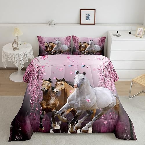 Miniatura 1 de Feelyou Juego de edredón de tamaño individual con diseño de caballos, ramas de cerezo, corcel, juego de ropa de cama para niños y adolescentes,