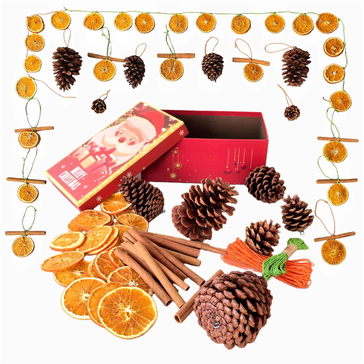 Kit de décoration de Noël naturel avec tranches d'orange séchées, bâtons de cannelle, pommes de pin, coffret cadeau, décorations de vacances à faire soi-même pour couronnes de Noël, décorations