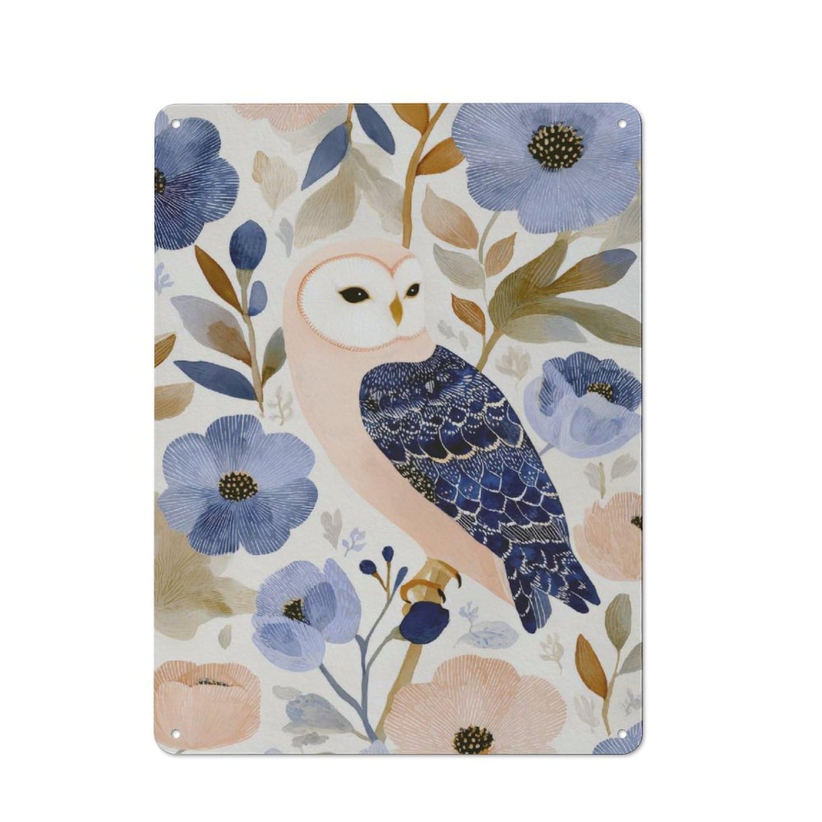 Junmoney Style-5-1 For Lounge Or Reading Corner, Owl In Floral Watercolor Illustration Retro Tin Sign 40X30cm, Gift For Reading Corner Decorators During The Christmas Season