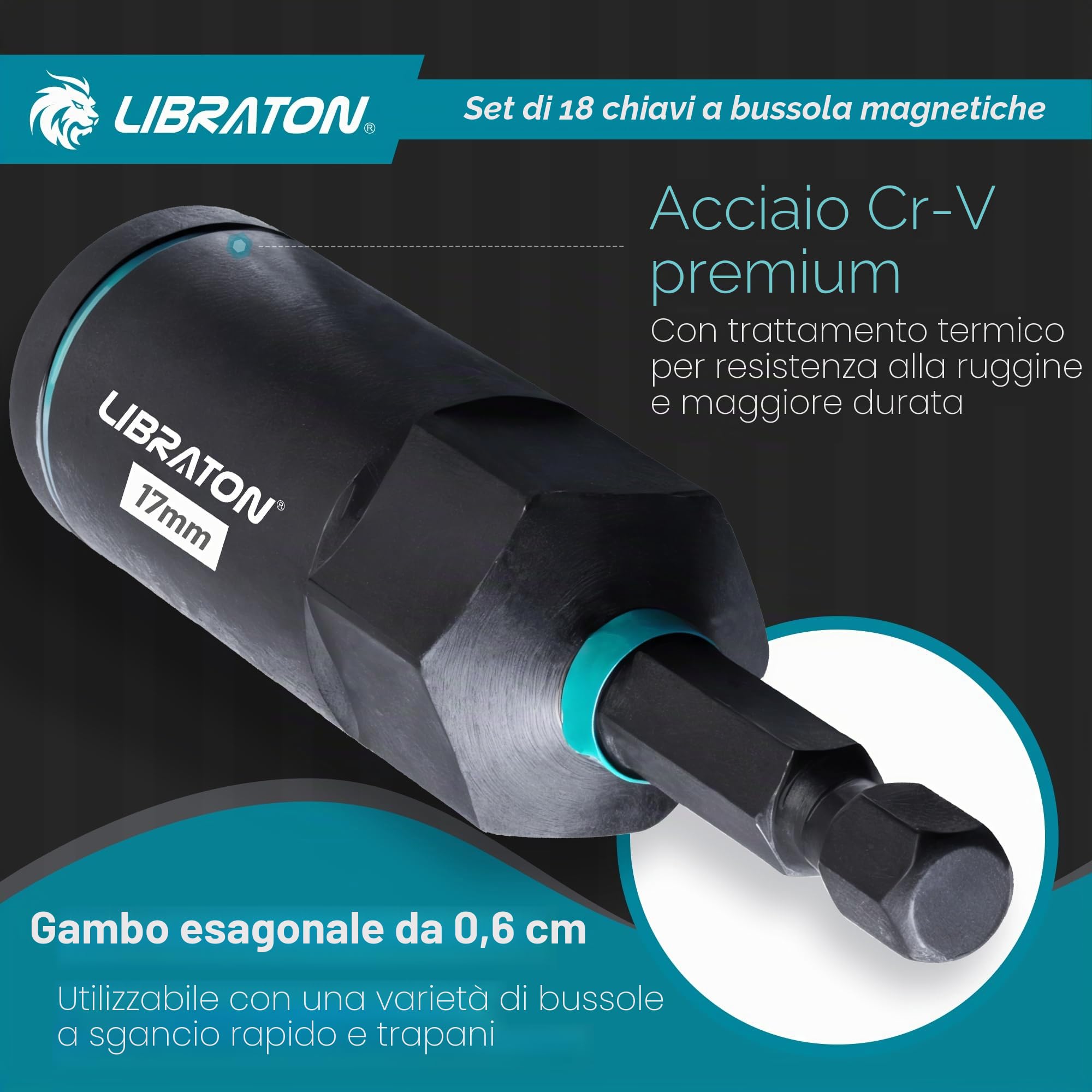 LIBRATON Set di Bussole Magnetiche SAE 16 Pezzi, per Avvitatore a Percussione, con Dadi 1/4"-9/16" e Bussole Profonde 1/4"-3/4", in Acciaio Cr-V con Custodia Portautensili