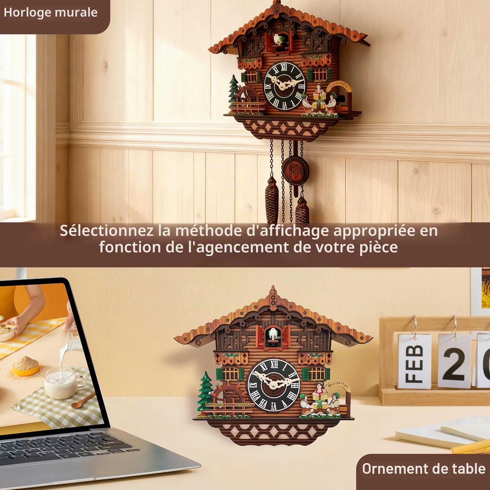 Horloge à coucou faite à la main en bois avec oiseau fonctionnel, horloge murale avec contrôle du volume, horloge murale à quartz traditionnelle, ancienne, décoration pour salon, cuisine
