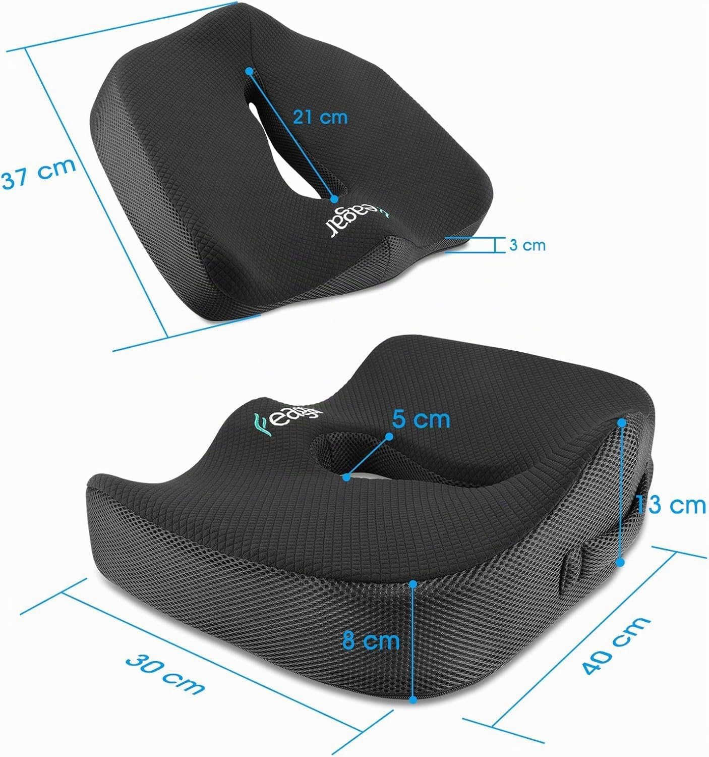 Feagar Coussin de Chaises en Mousse à Mémoire - Coussin Coccyx Ergonomique pour Siège Voiture Auto Conducteur Fauteil Bureau Fauteuil Roulant,Coussin Sciatique,Coussin d Assise,Noir