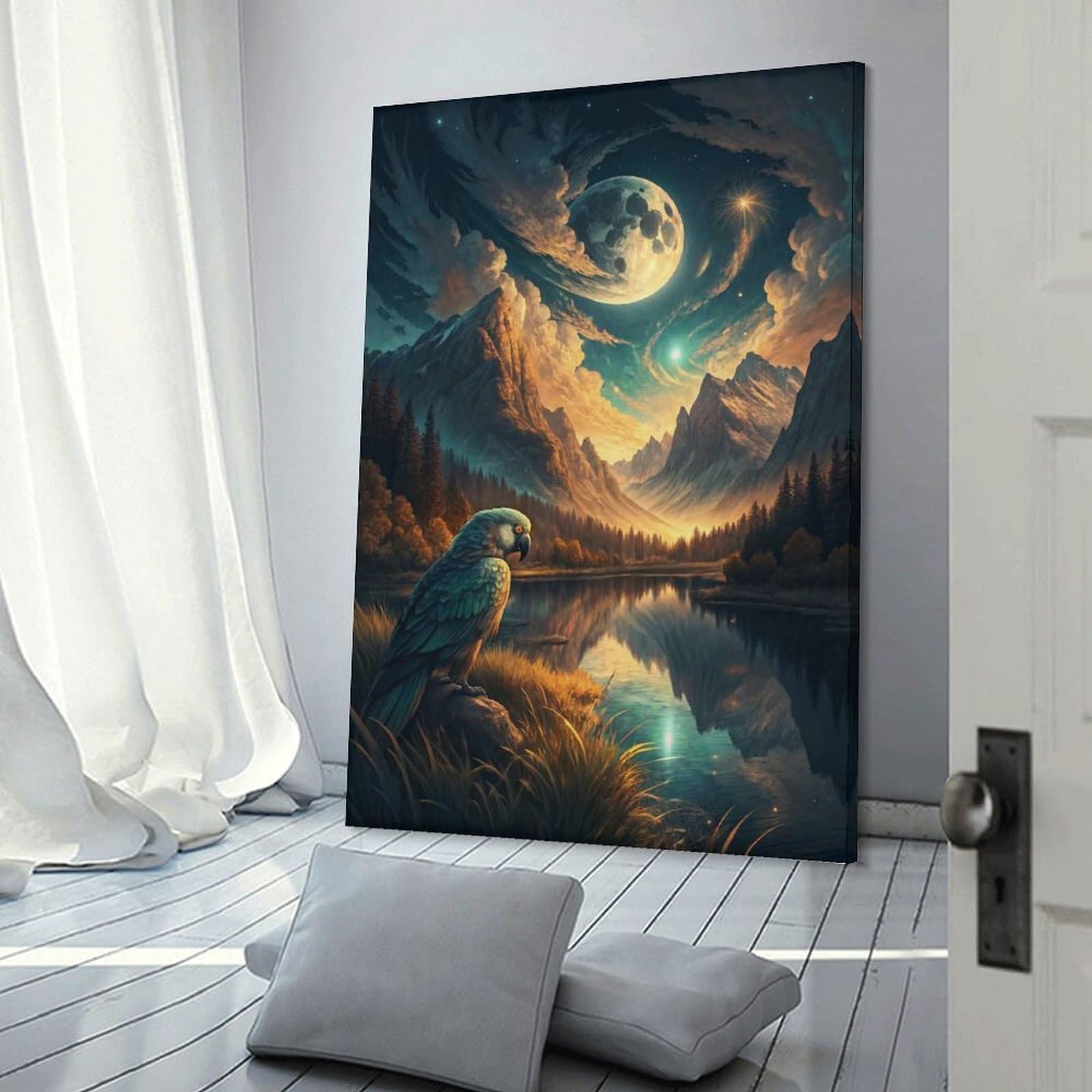 Junmoney Parrot by Moonlit Mountain Lake Canvas Art Print, 12x18inch(30x45cm), for Living Room, Bedroom, Office Or Hallway, Decorative Artwork with Broad Appeal