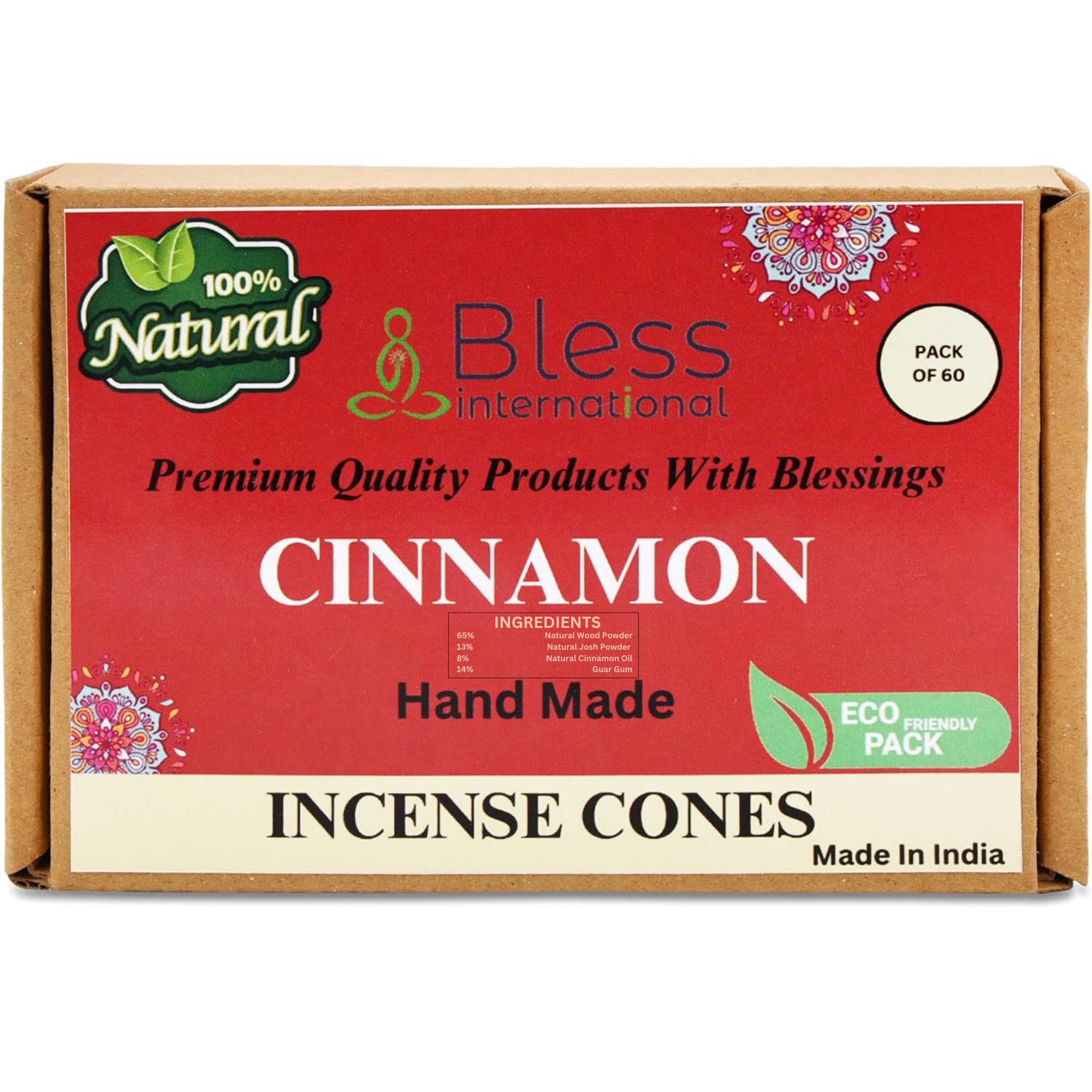 Bless International Cinnamon 100%-Natural-Incense-Cones Handmade-Hand-Dipped Organic-Chemicals-Free for-Purification-Relaxation-Positivity-Yoga-Meditation The-Best-scents (60 Count)