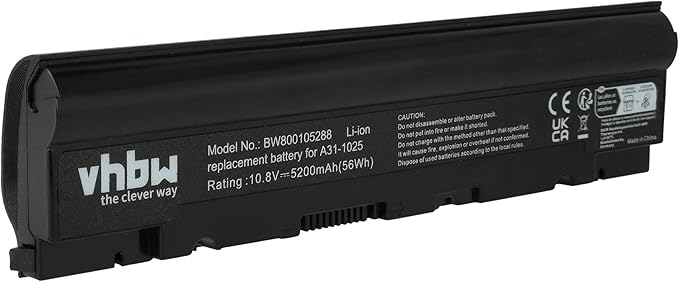 vhbw Batterie Compatible avec ASUS Eee PC 1225, 1025, R052, 1225C, R052C, 1025C, 1025B, 1225B, 1025CE Ordinateur Portable (5200mAh, 10,8V, Li-ION)