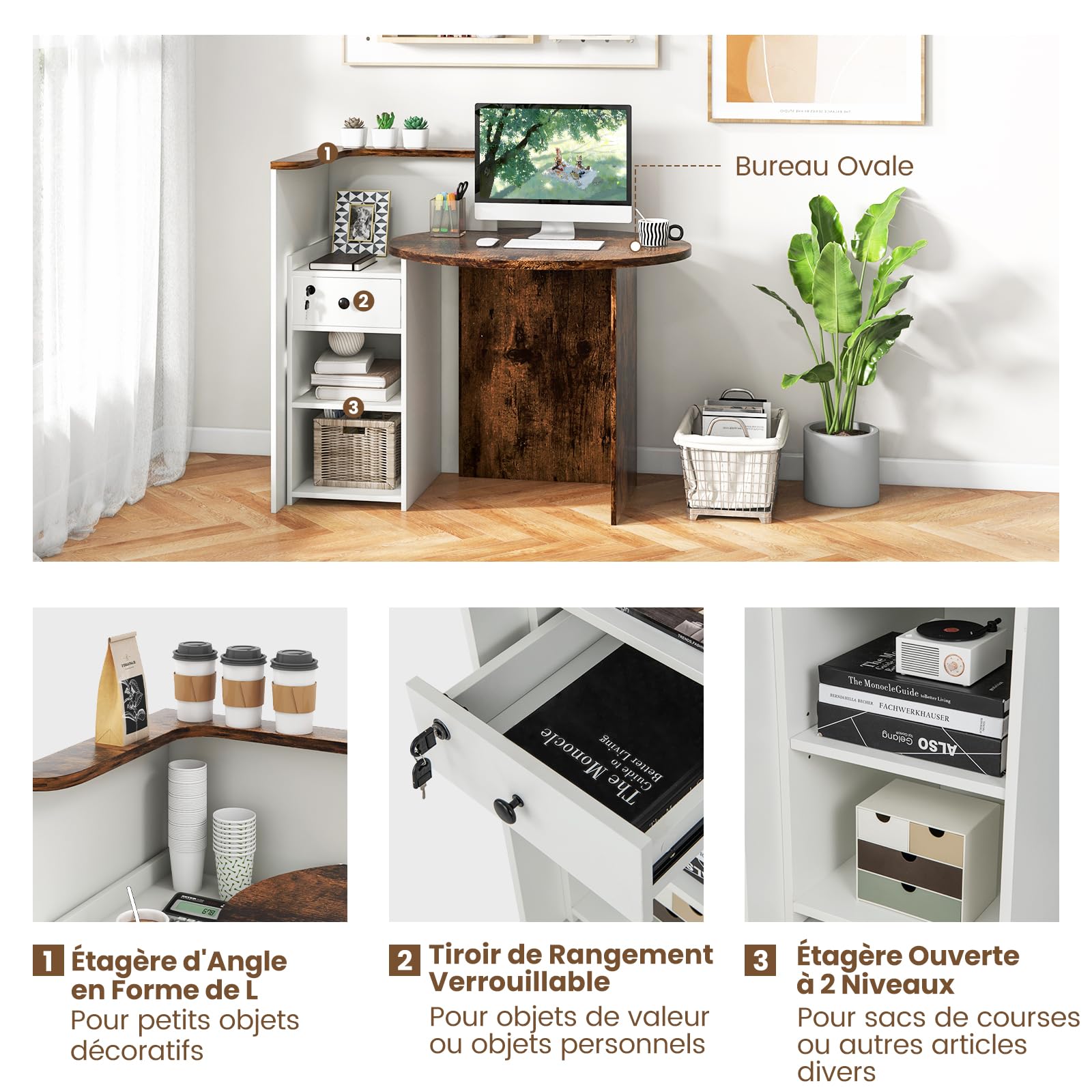 KOMFOTTEU Comptoir Réception, Tiroir Verrouillable & 2 Étagèrs Ouvertes, Comptoir Caisse, Bureau Réception, pour Boutique, Coiffure, Hôtel, Salon de Beauté, Industriel + Blanc, 120 x 70 x 100 cm