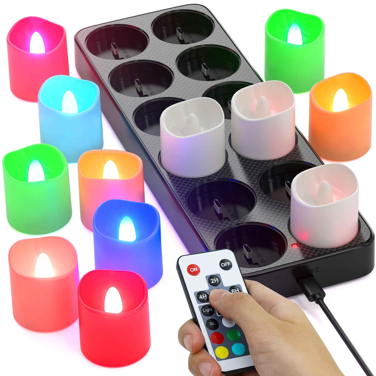 SoulBay Velas de té recargables, 12 velas recargables LED eléctricas sin llama con temporizador remoto y estación de carga para el hogar, habitación, fiesta, Halloween, decoraciones de Navidad