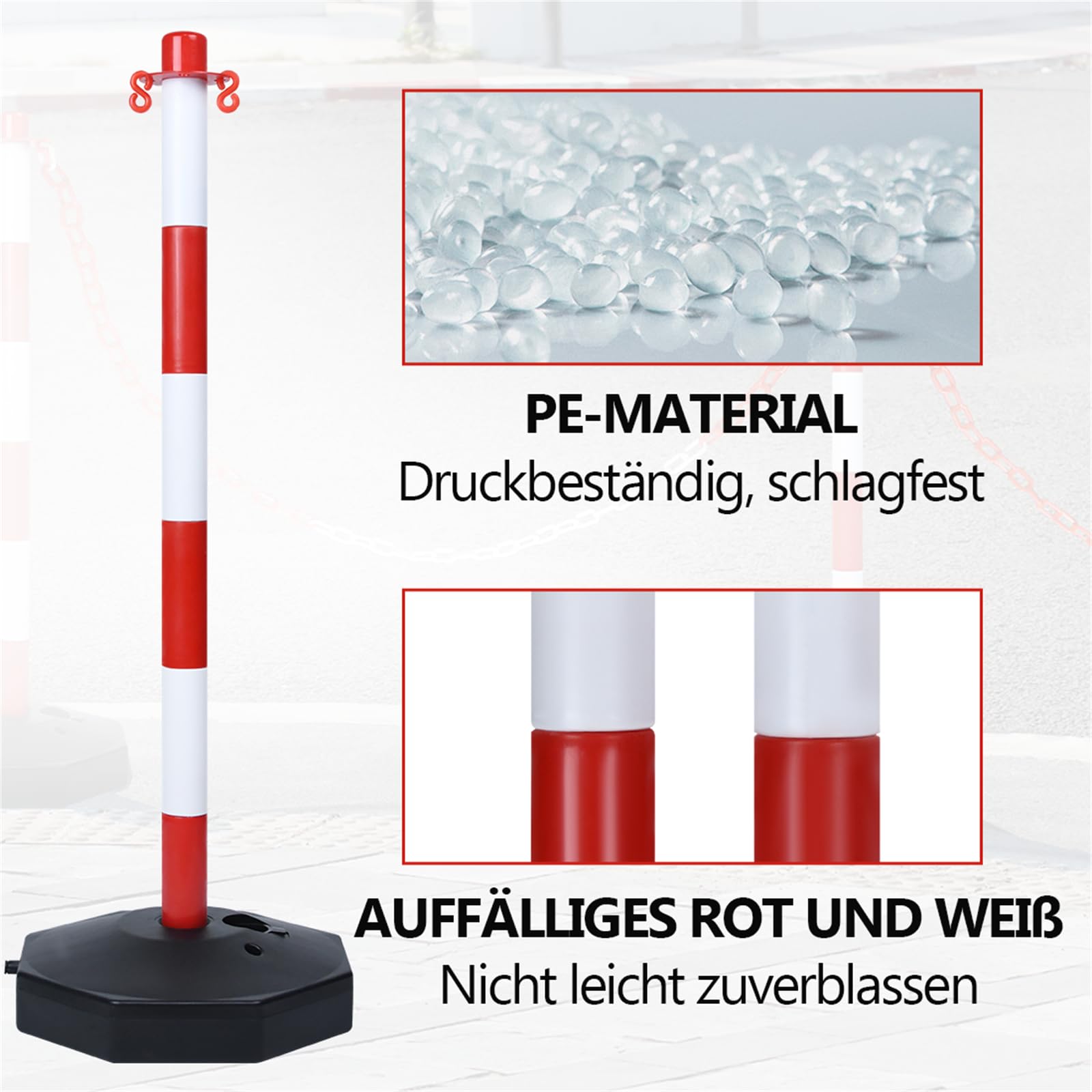 4 Stück Kettenpfosten Absperrpfosten aus Kunststoff mit Absperrkette, Kettenständer Poller Sperrpfosten mit Standfuß, parkplatz absperrung befüllbar mit Wasser und Sand