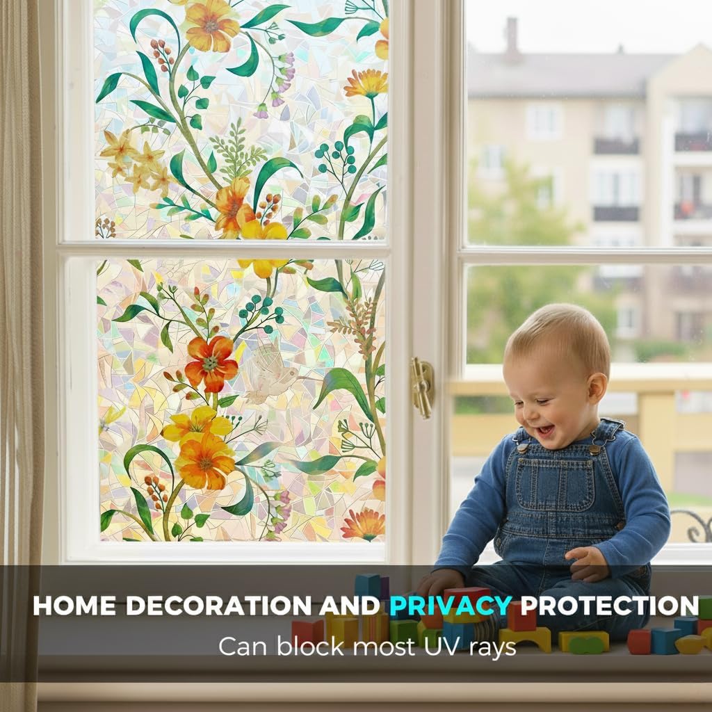 Stained Glass Window Privacy Film Static Cling - Rainbow Window Tint with Iridescent Effect for Home &Car Moonroof|emovable Decorative Film | Heat Blocking & Anti UV