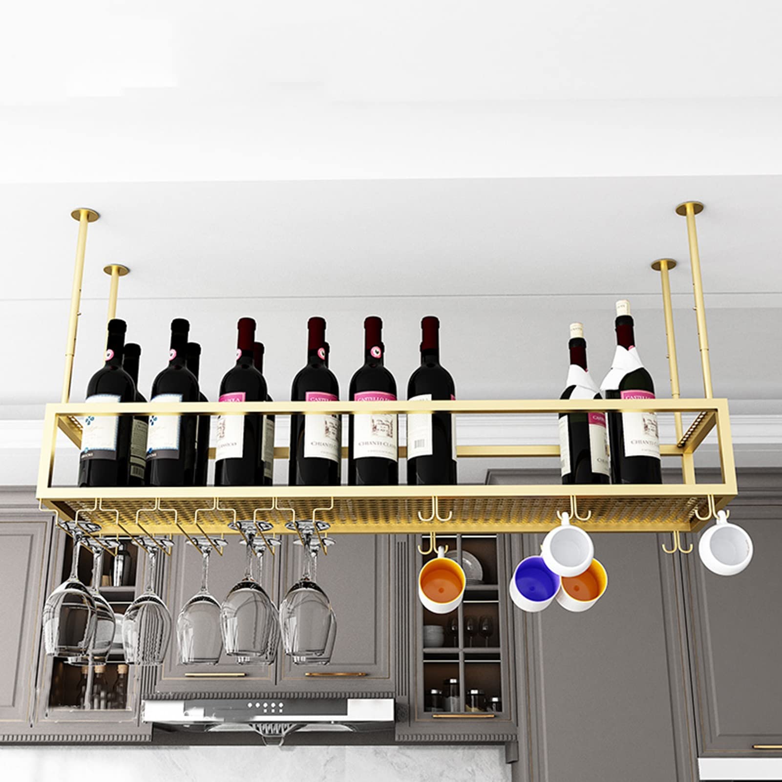 Porte-bouteilles de plafond suspendu en métal réglable avec étagère en verre