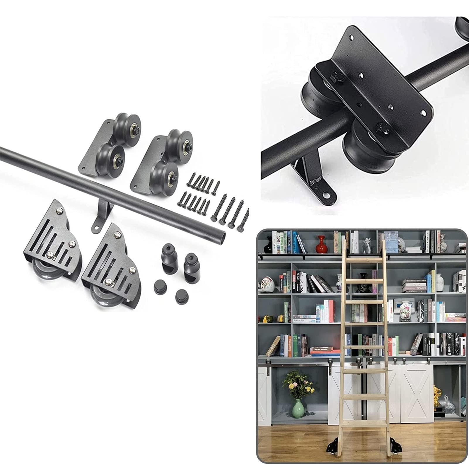 Kit quincaillerie échelle coulissante bibliothèque rail acier noir de 100 cm rustique