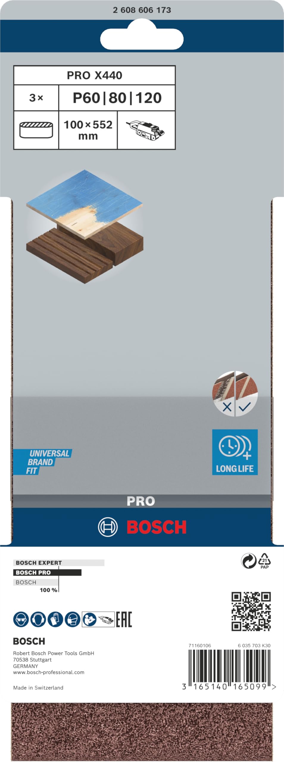Bosch 3x Nastro abrasivo PRO X440 per levigatrici, 3 pz (per Vernice su legno, Legno duro, 100 x 552 mm, Grano 60, 80, 100, Professional Accessorio Levigatrice a nastro)