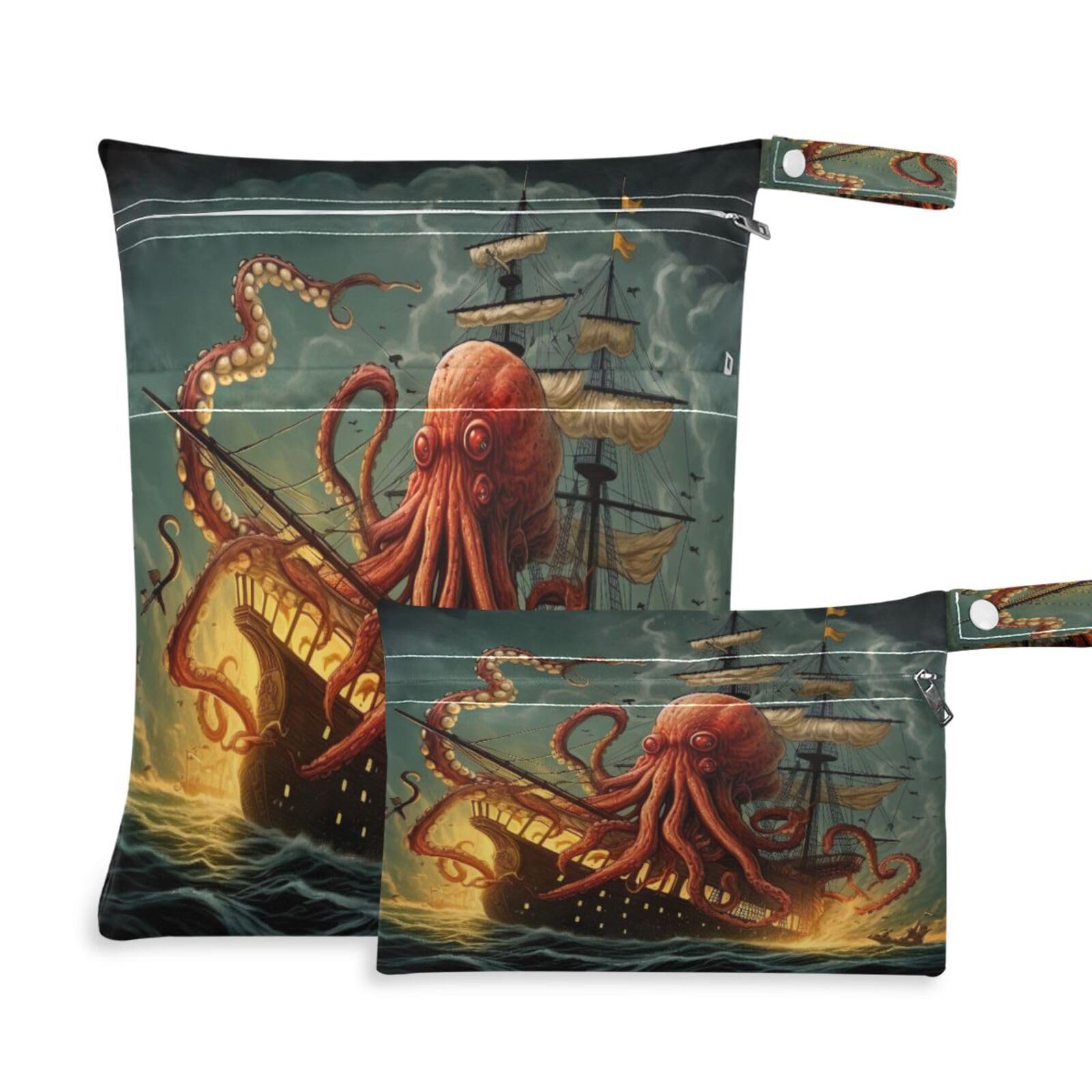 ATTX Sea Octopus Wave Wet Dry Bags 2-Pack - Reusable Cloth Diaper Storage for Travel, Beach & Gym | Multi-Use Waterproof Bags for Swimsuits, Baby Clothes, Sports Gear#27