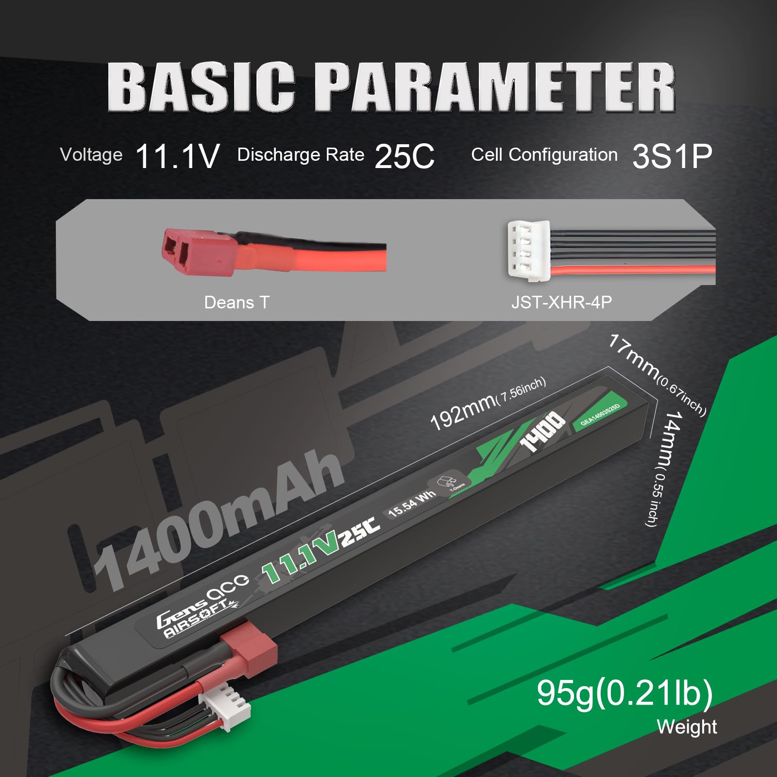 Gens Ace 3S 11,1V 1400mAh 25C Akumulator LiPo z wtyką T Deans do Airsoft AEG