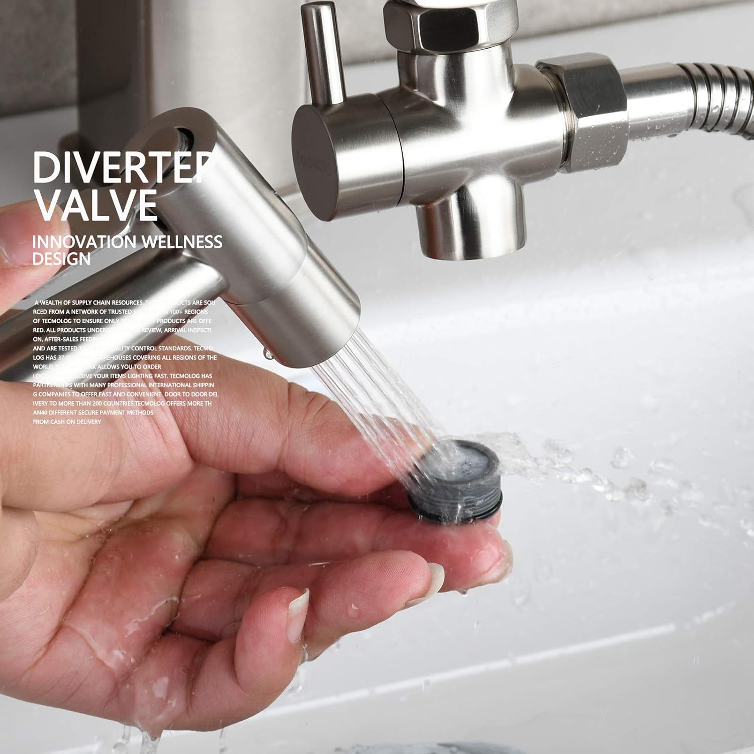 Tecmolog Faucet Valve Splitter Brass Sink Valve Diverter for Kitchen or Bathroom, Sink Hose Connector M22 to M24, Brushed Nickel, SBA021ENA