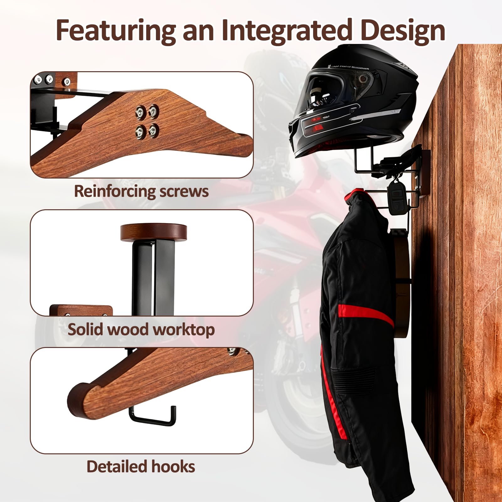 Porta Casco Moto da Parete, Struttura di Ancoraggio a Parete per Motociclette Calcio Sci e Tattico Moto Accessori Utili con Appendiabiti e Ganci