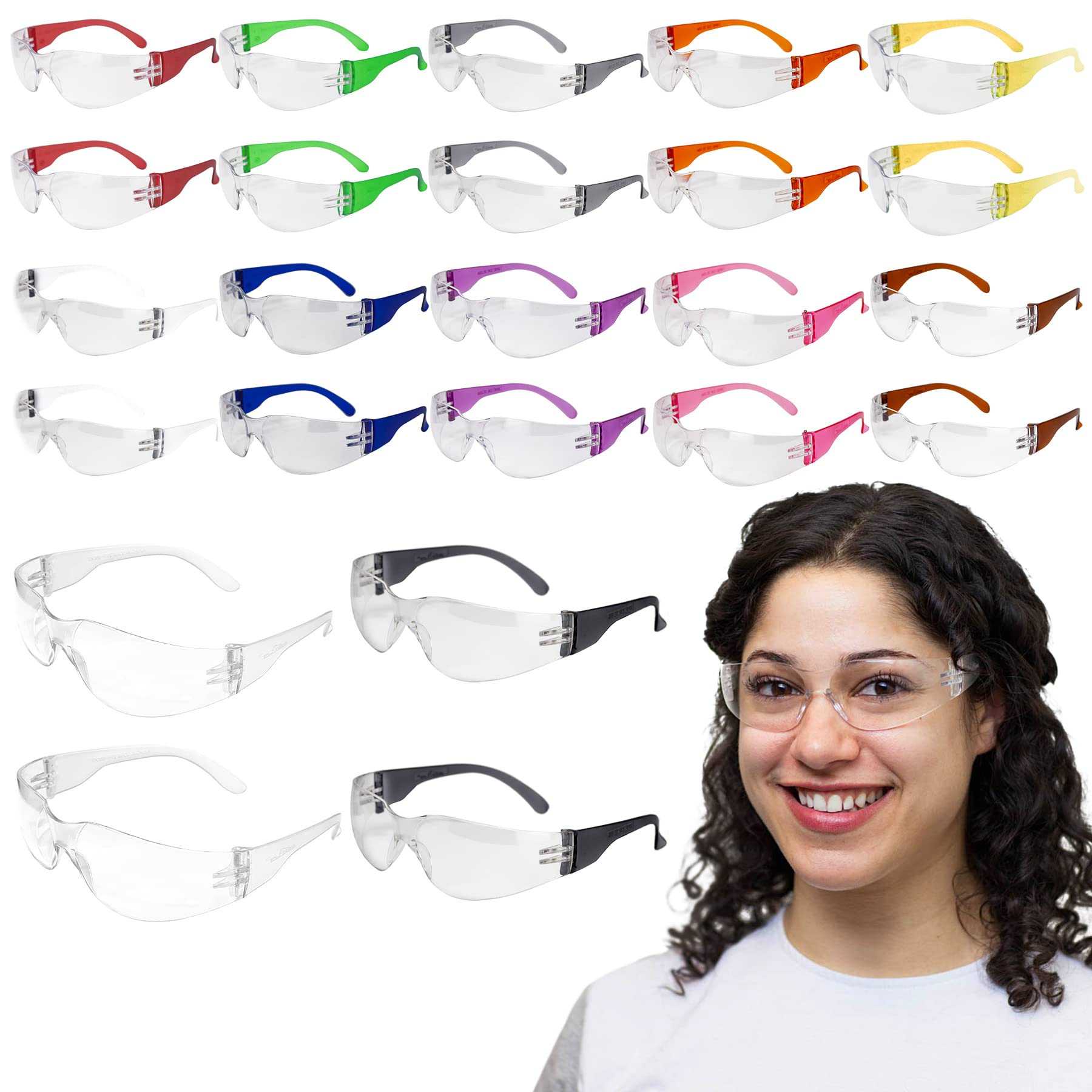 Clear Lens Color Temple Safety Glasses | One Size, Adult, Youth, Clear Protective Polycarbonate Lens Color Temple, Variety, 24 PAIRS