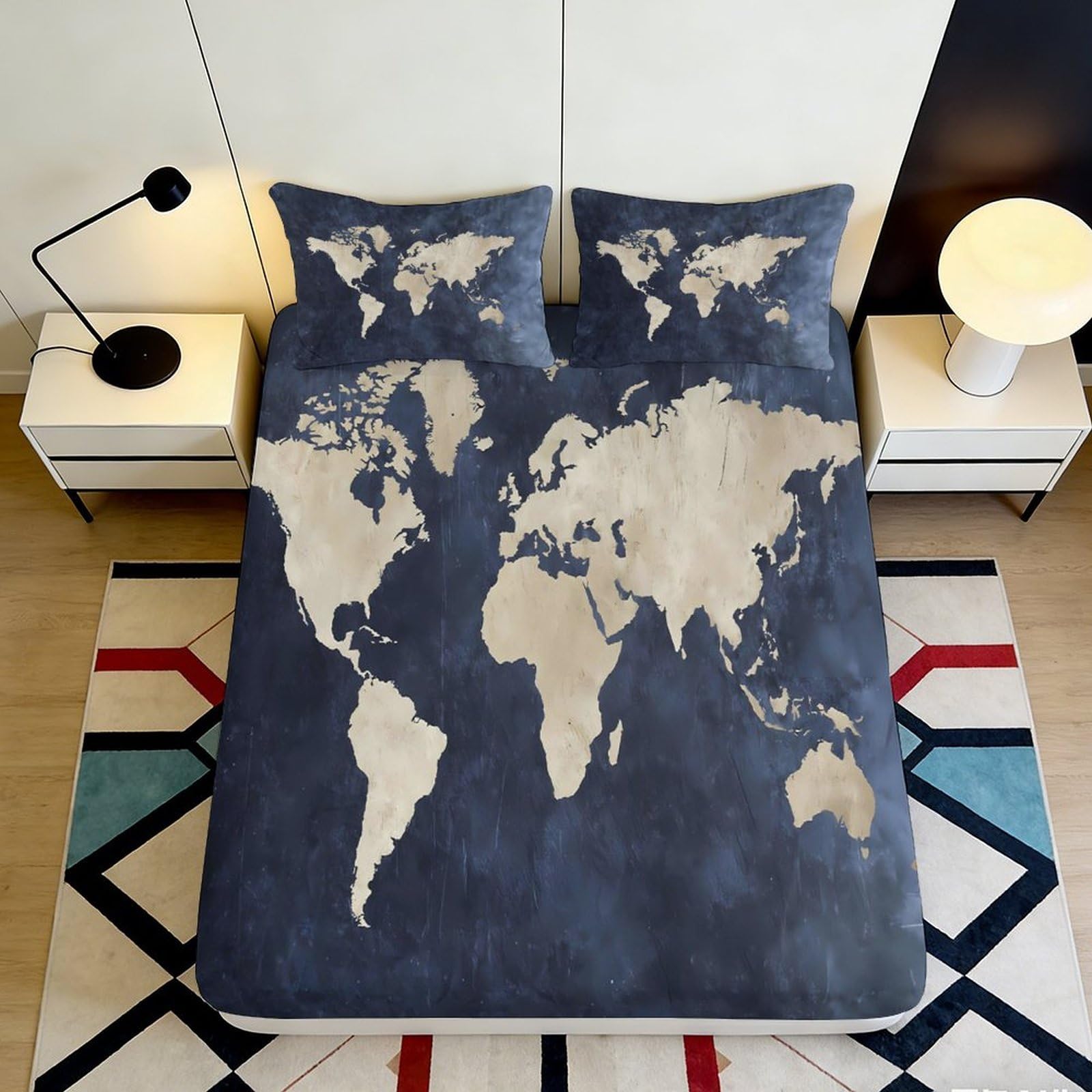 Jqzkxnhpbr Style-5 3D Printed World Map Fitted Sheet Microfiber Soft Dark Blue Earth Mattress Cover For Bedroom Dorm Decor Protection 90X200x25cm