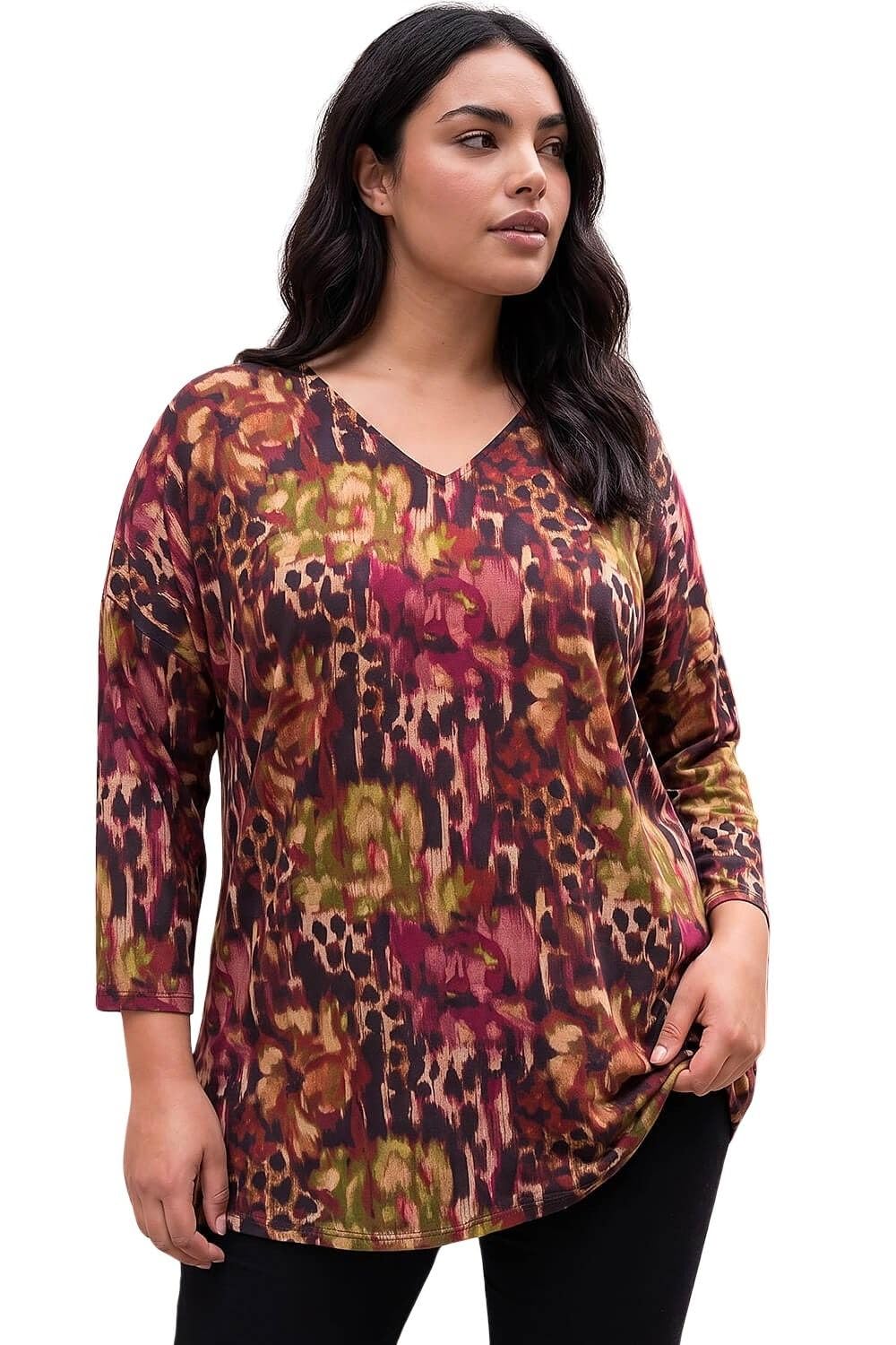 Roman Curve Watercolour V-Neck Stretch Top for Women UK - Ladies Autumn Everyday Winter Holiday V-Neckline Comfy 3/4 Sleeve Soft Tunic Shirt Office Work Blouses