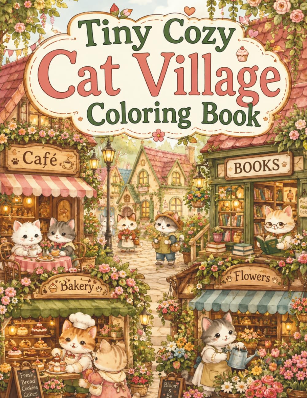 Tiny Cozy Cat Village Coloring Book: Cute and Easy Cat Coloring Pages with Cozy Cafes, Bookstores, Bakeries, Tiny Homes and Relaxing Village Scenes for Adults and Teens