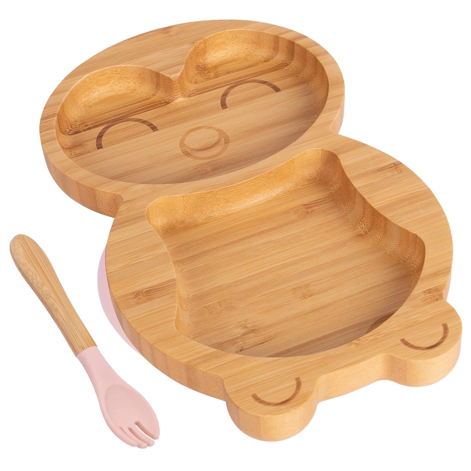 Tiny Dining Baby Fork & Plate with Suction Cup - Penguin - 2pc - Pastel Pink - Divided Non-Slip Bamboo Self-Feeding Baby Weaning Plate & Cutlery for Babies, Toddlers, Children