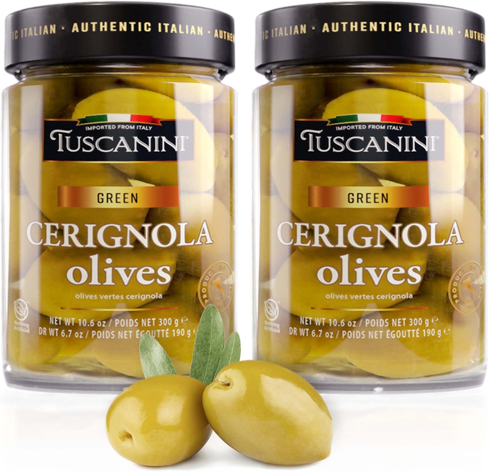Tuscanini Premium Italian Cerignola Whole Green Jumbo Olives, 10.9oz (2 Pack) | Mild & Smooth Flavor | Imported from Italy | Kosher