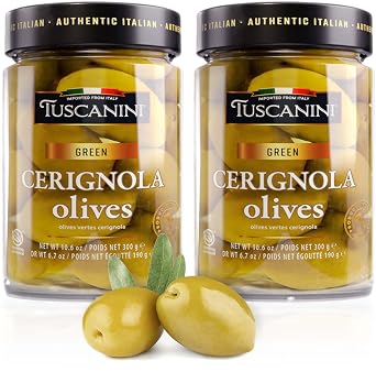 Tuscanini Premium Italian Cerignola Whole Green Jumbo Olives, 10.9oz 2 Pack | Mild & Smooth Flavor | Imported from Italy | Kosher