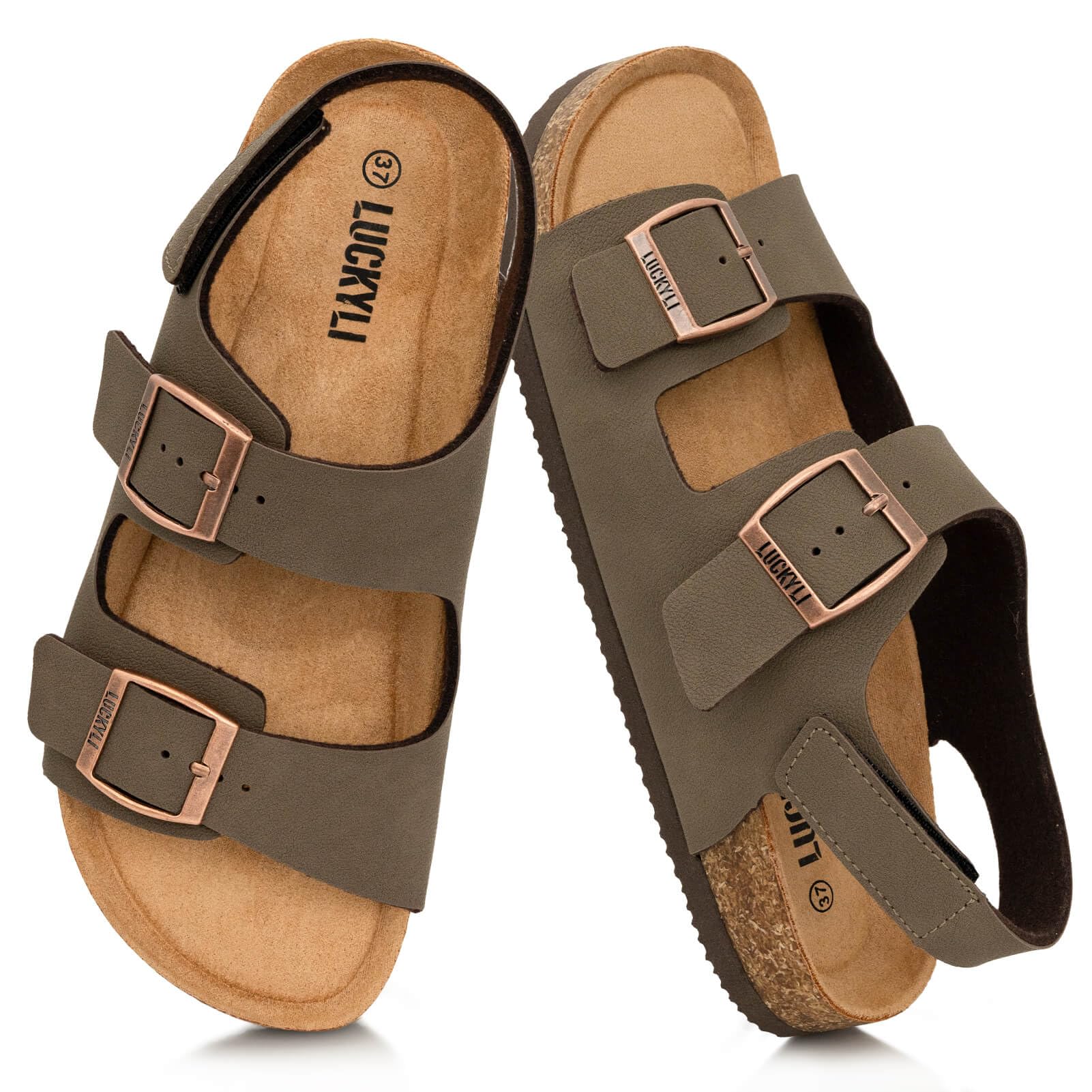 Toddler Kids Sandals Boys Girls Cork Footbed Sandal Comfort Double Buckle Slip On Open-toe Slides with Adjustable Back Strap