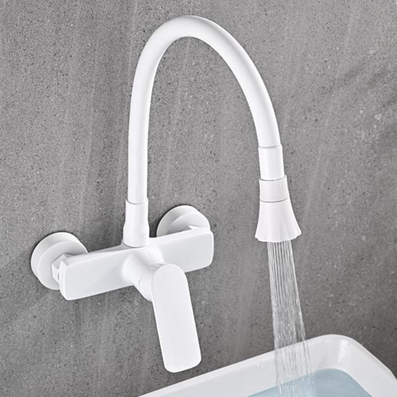 Grifo de Cocina de Pared Blanco, Grifo Fregadero Cocina Modo Dual Giratorio Fría y Caliente Latón Grifo Cocina-Blanco