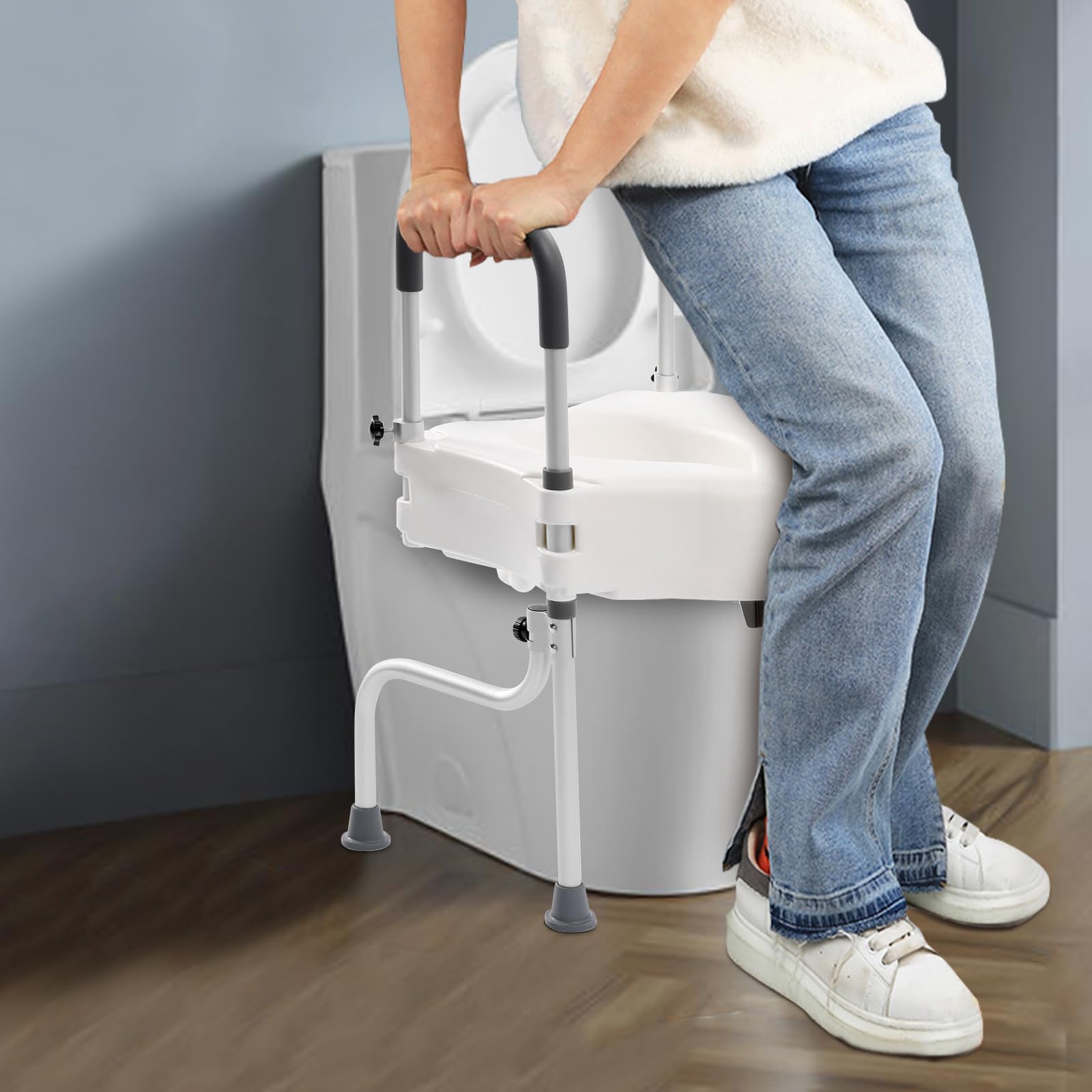 Podwyższenie deski sedesowej 3 w 1 z podłokietnikami, podwyższenie deski sedesowej dla seniorów, regulacja wysokości 15-23 cm, nośność 150 kg, kolor biały