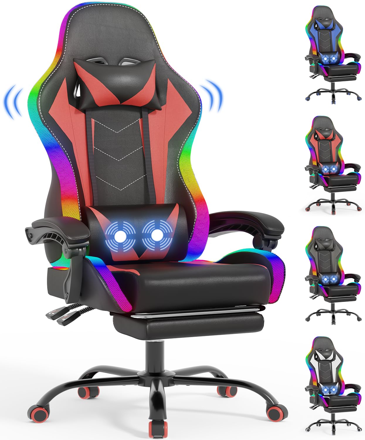Devoko Silla LED Gaming con Masaje, Reposapiés y Cojín Lumbar, Ergonómica, con Reposacabezas Ajustable, 180kg (Rojo)