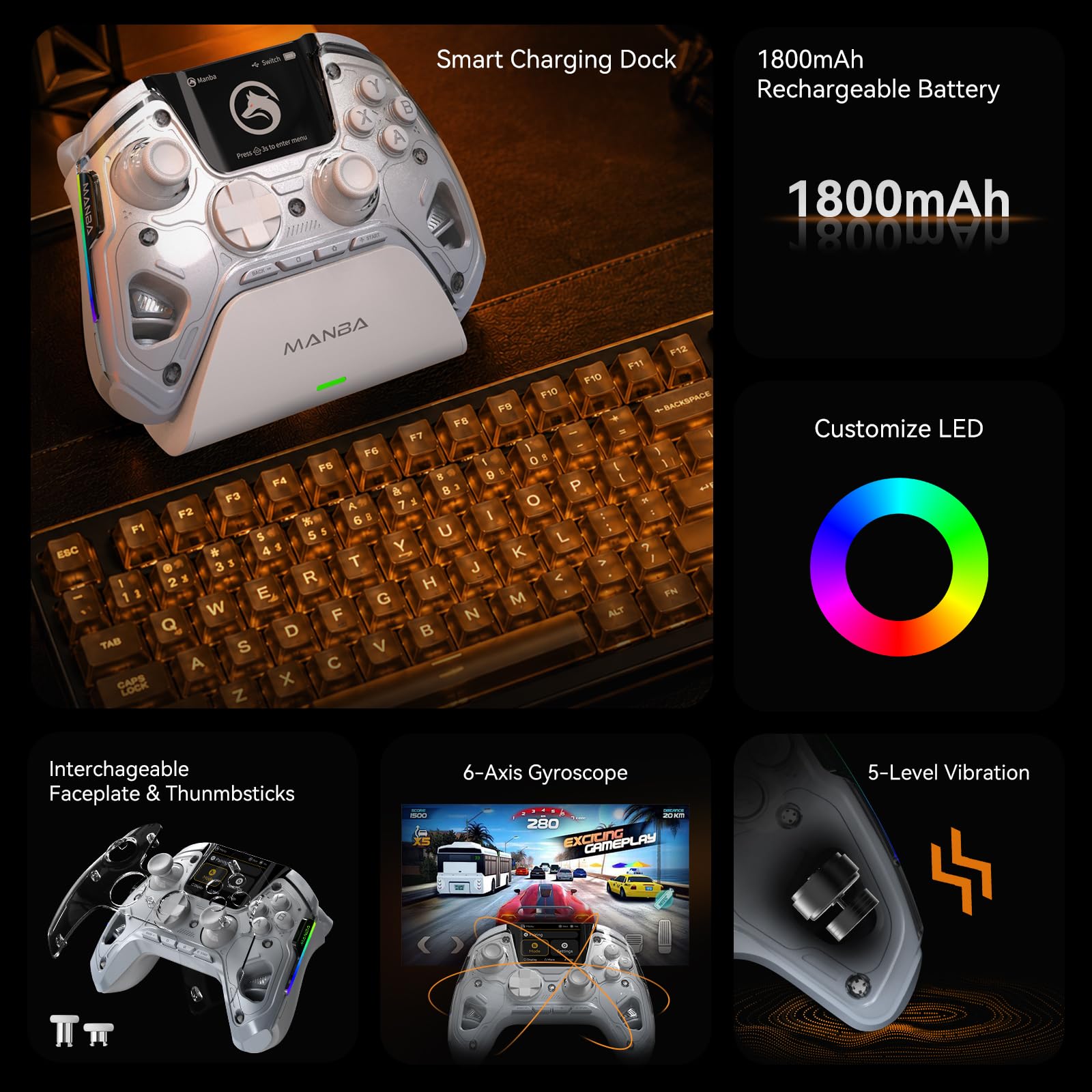 MANBA One V2 Controller Da Gioco Wireless Con Schermo Interattivo (Bianco) | Compatibile Con PC/Switch/iOS/Android, Stick E Grilletti Hall Effect, LED, Pulsanti Macro, Batteria 1800mAh, Base Di Ricarica
