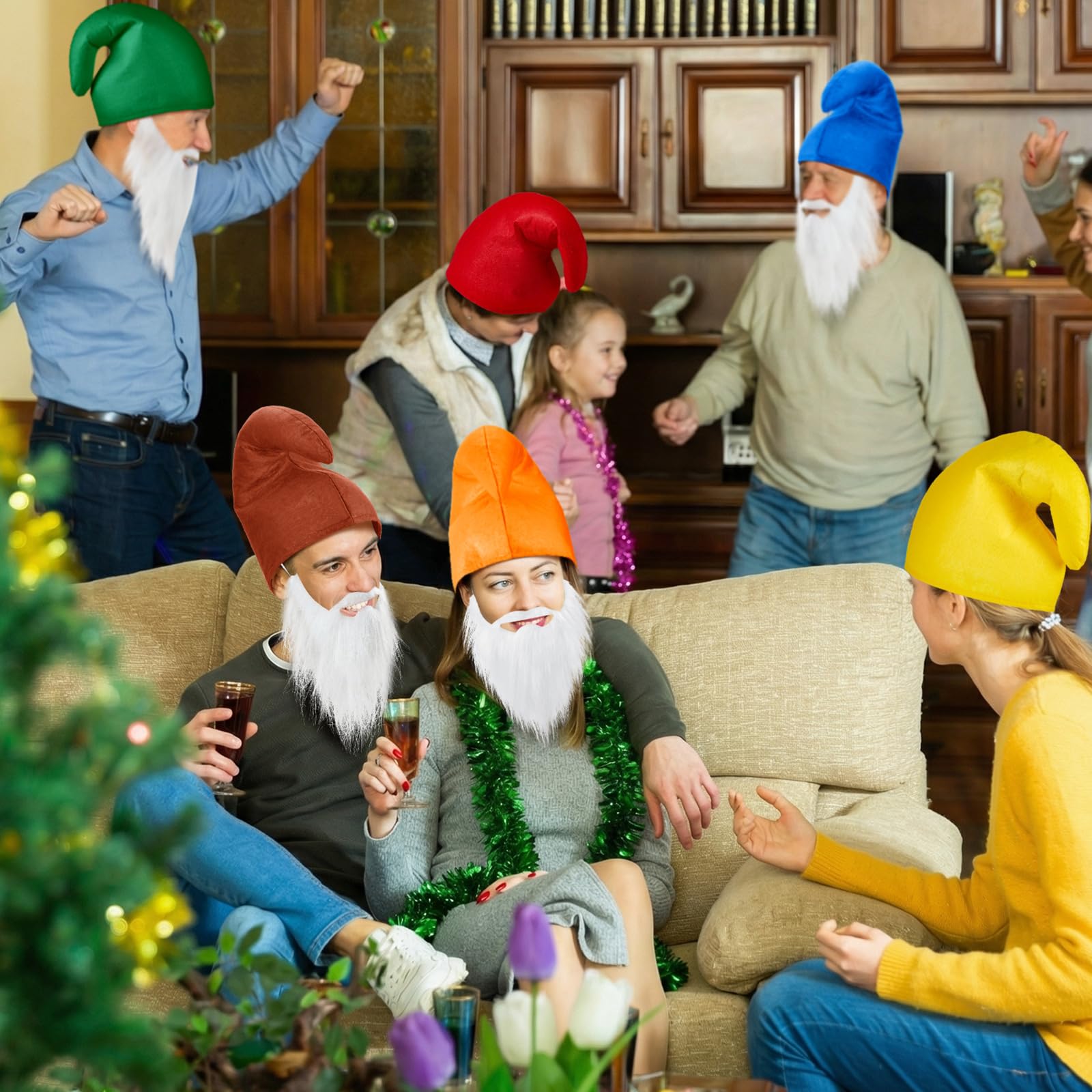 Jadive 14 Piezas Disfraz de Pitufo 7 Sombreros de Pitufo para Adulto 7 Barbas con Barbas Blancas Sombrero Puntiagudo Colorido con Barba Para Carnaval, Mardi Gras, Halloween y Navidad