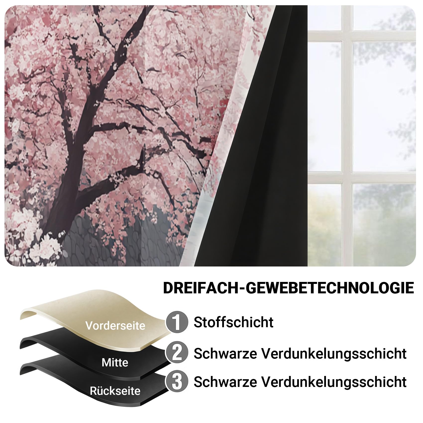 Générique Rideau Paysage Japonais Rideaux Chambre Salon Fleurs de Cerisier Oriental Rideau Occultant Thermique Isolant Anti-Chaleur Phonique Lot de 2 Rideaux à Oeillets 140x225 cm MDLQ167ll