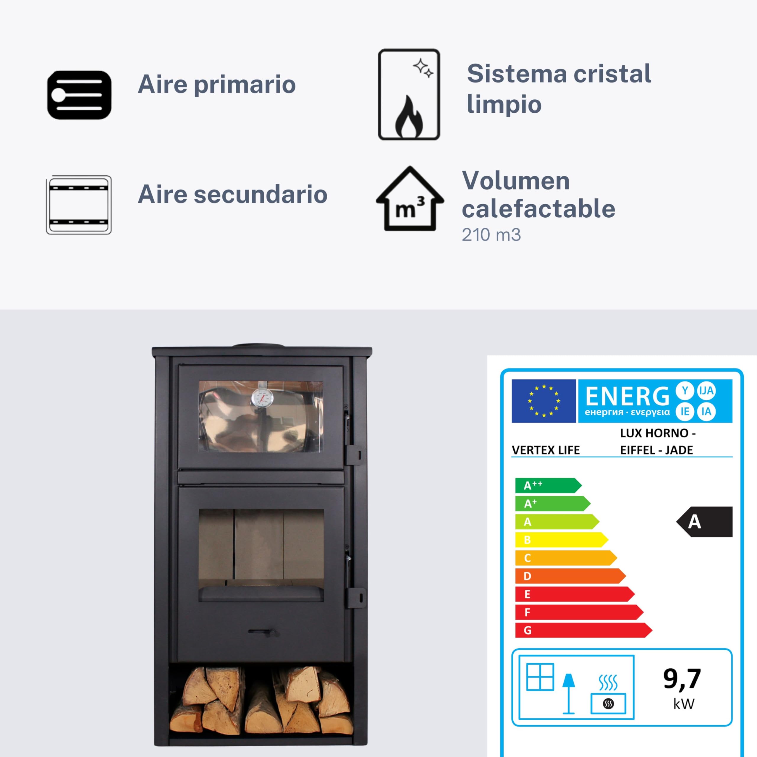 EIDER BIOMASA Estufa de Leña LUX HORNO – 12,44 kW – Con Horno – Rendimiento 78% – Hasta 240 m³ – Doble Combustión – Certificada CE