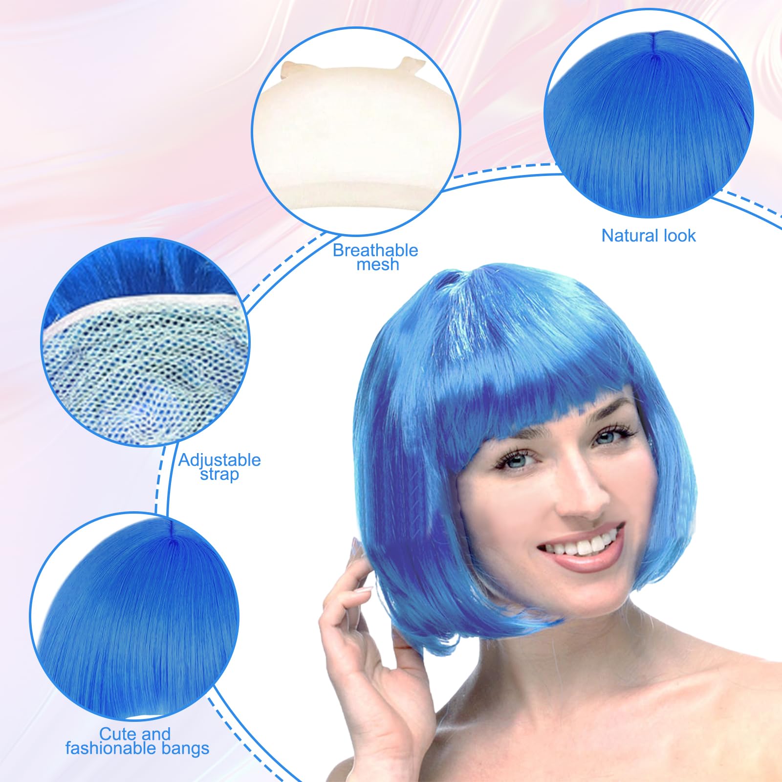 GMHLLES 2 Pcs Bob Wigs for Women Set Pink Wig, Blue Wig with 2 Hair Nets and 2 Heart Glasses for Role-Playing Parties - Image 3