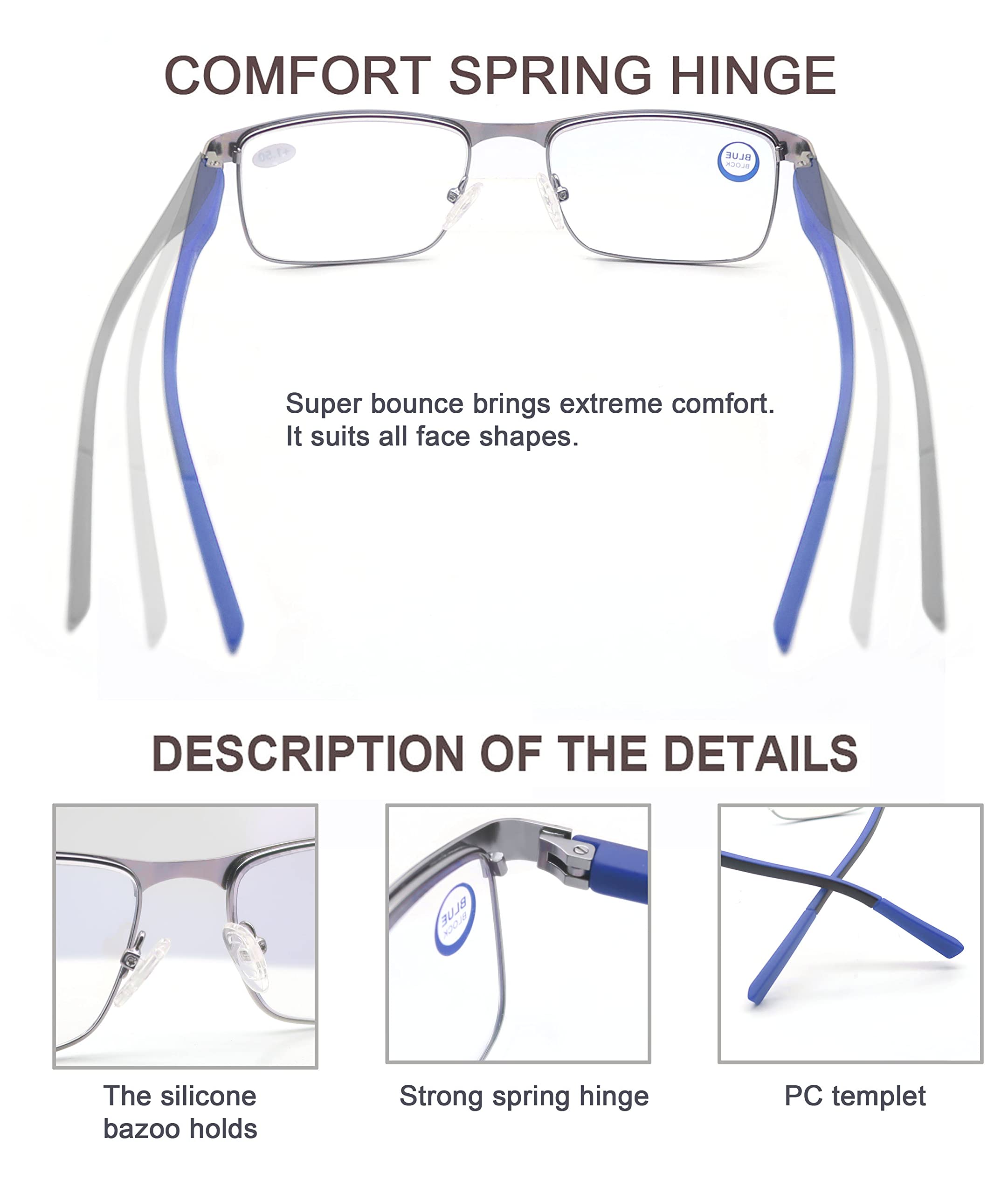 MODFANS Un Pack de 3 Gafas de Lectura Hombres Mujeres Anti Luz Azul,Rectangular Metal Acero Inoxidable - Lente Clara,Vision Clara - Ligeras Comodas,Colores Mezclados