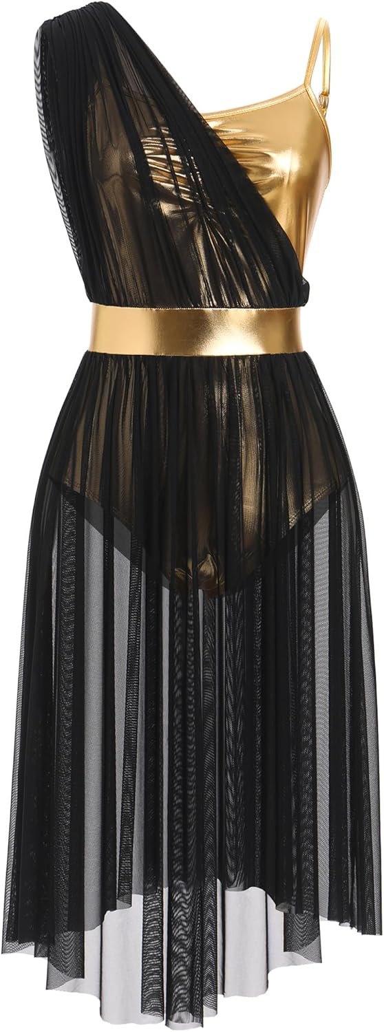 AFAVOM Women's Lyrical Dance Costume Shiny Metallic Lyrical Dress Asymmetric High Low Tulle Skirt Contemporary Dance Costumes