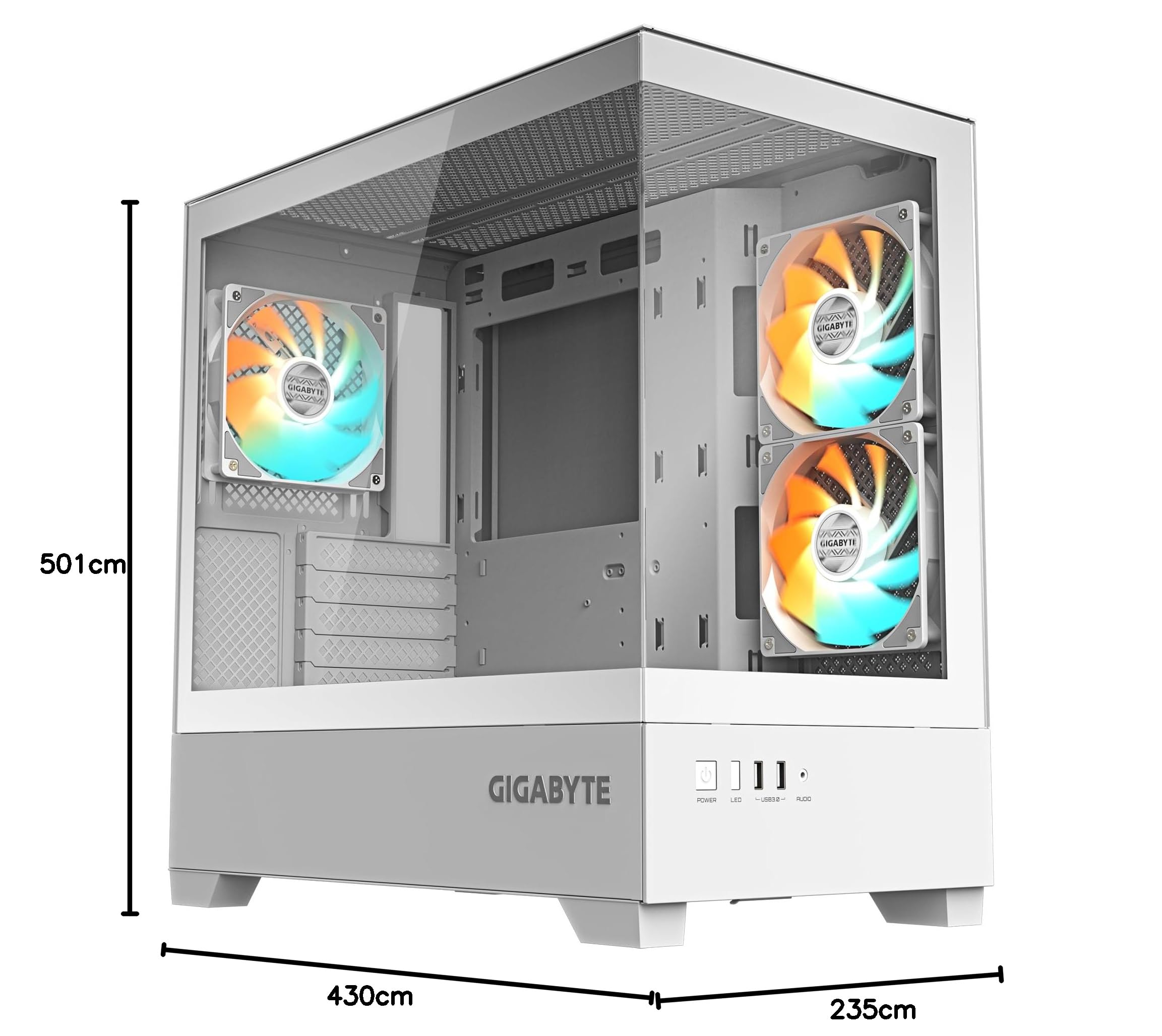 GIGABYTE C201 PANORAMIC ICE Case per PC – Mid Tower, m-ATX, supporto radiatore da 360 mm, 3 ventole preinstallate, USB 3.0, supporto RGB Fusion