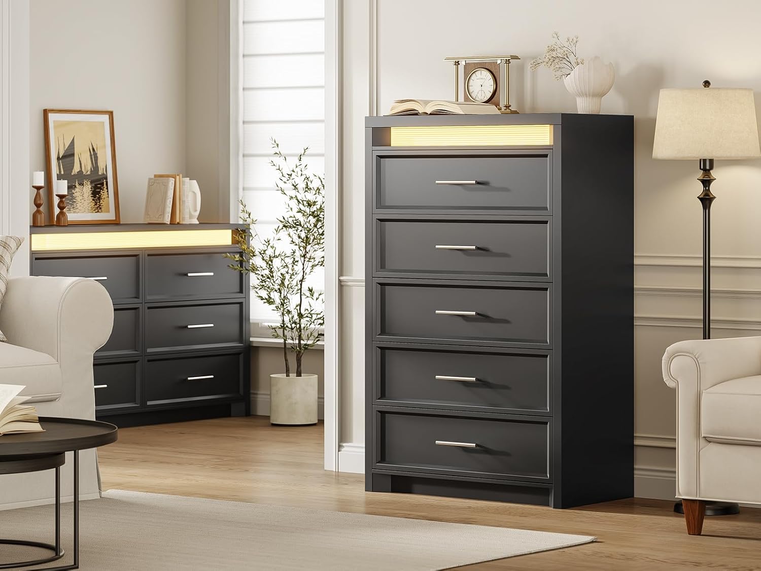 AOGLLATI Black Dresser for Bedroom with 5 Drawer, Dressers& Chests of Drawers, 44.5” Tall Wood Mid-Century Modern Dresser with 3 Color Lights for Bedroom, Black